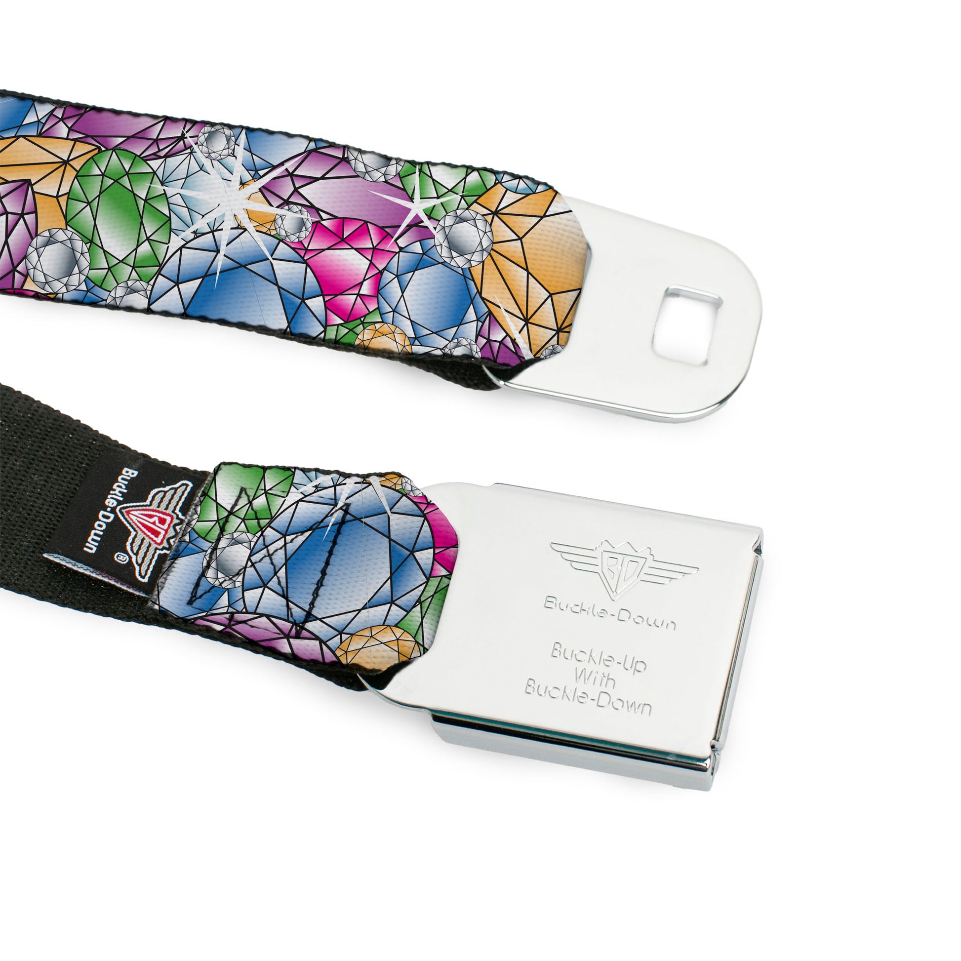 BD Wings Logo CLOSE-UP Full Color Black Silver Seatbelt Belt - Gems Stacked Multi Color Webbing Seatbelt Belts Buckle-Down
