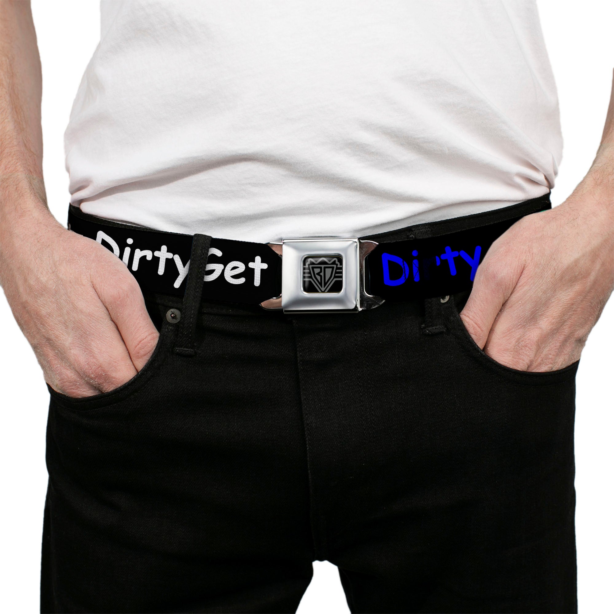 BD Wings Logo CLOSE-UP Full Color Black Silver Seatbelt Belt - GET DIRTY Black/White/Blue/Green/Red Webbing Seatbelt Belts Buckle-Down