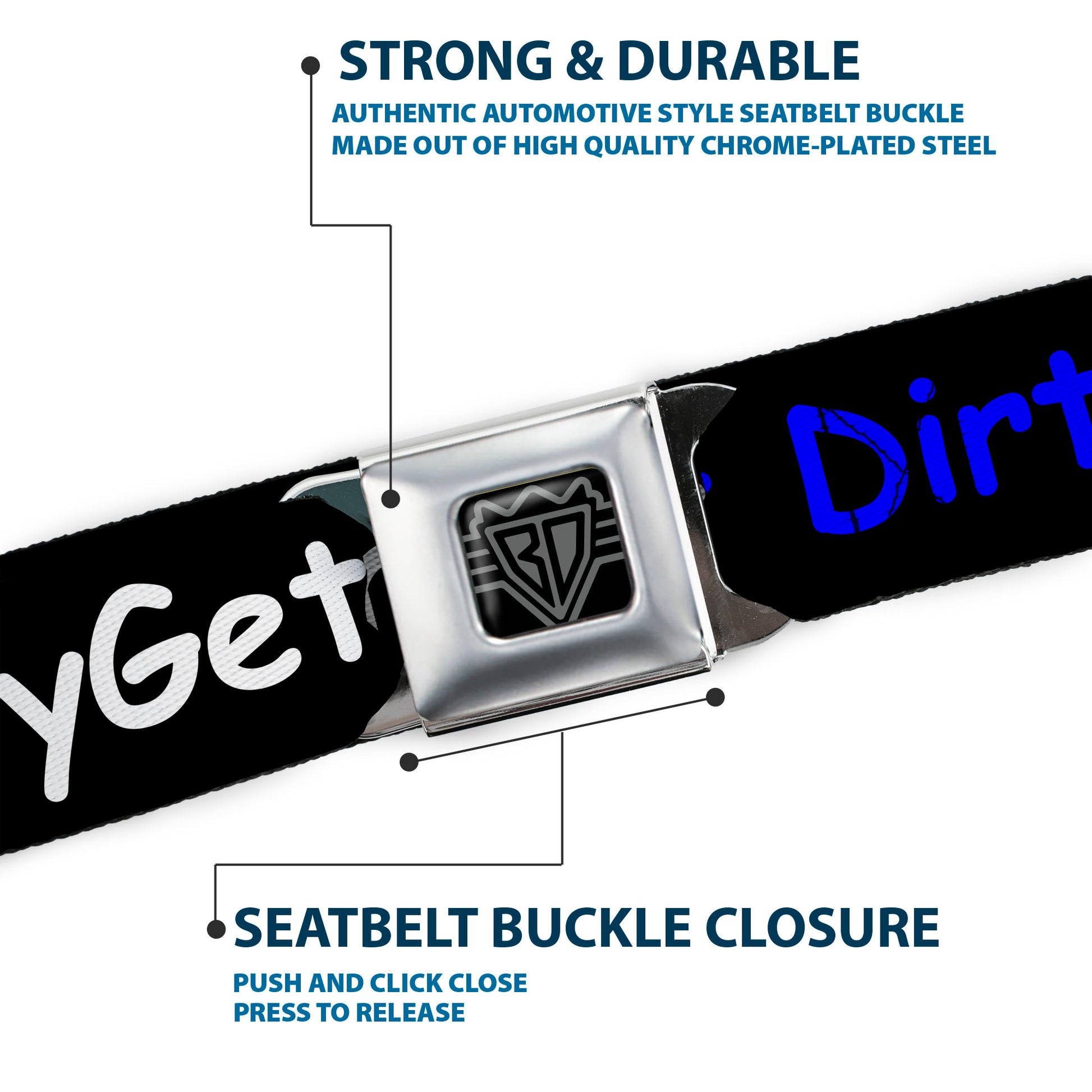 BD Wings Logo CLOSE-UP Full Color Black Silver Seatbelt Belt - GET DIRTY Black/White/Blue/Green/Red Webbing Seatbelt Belts Buckle-Down