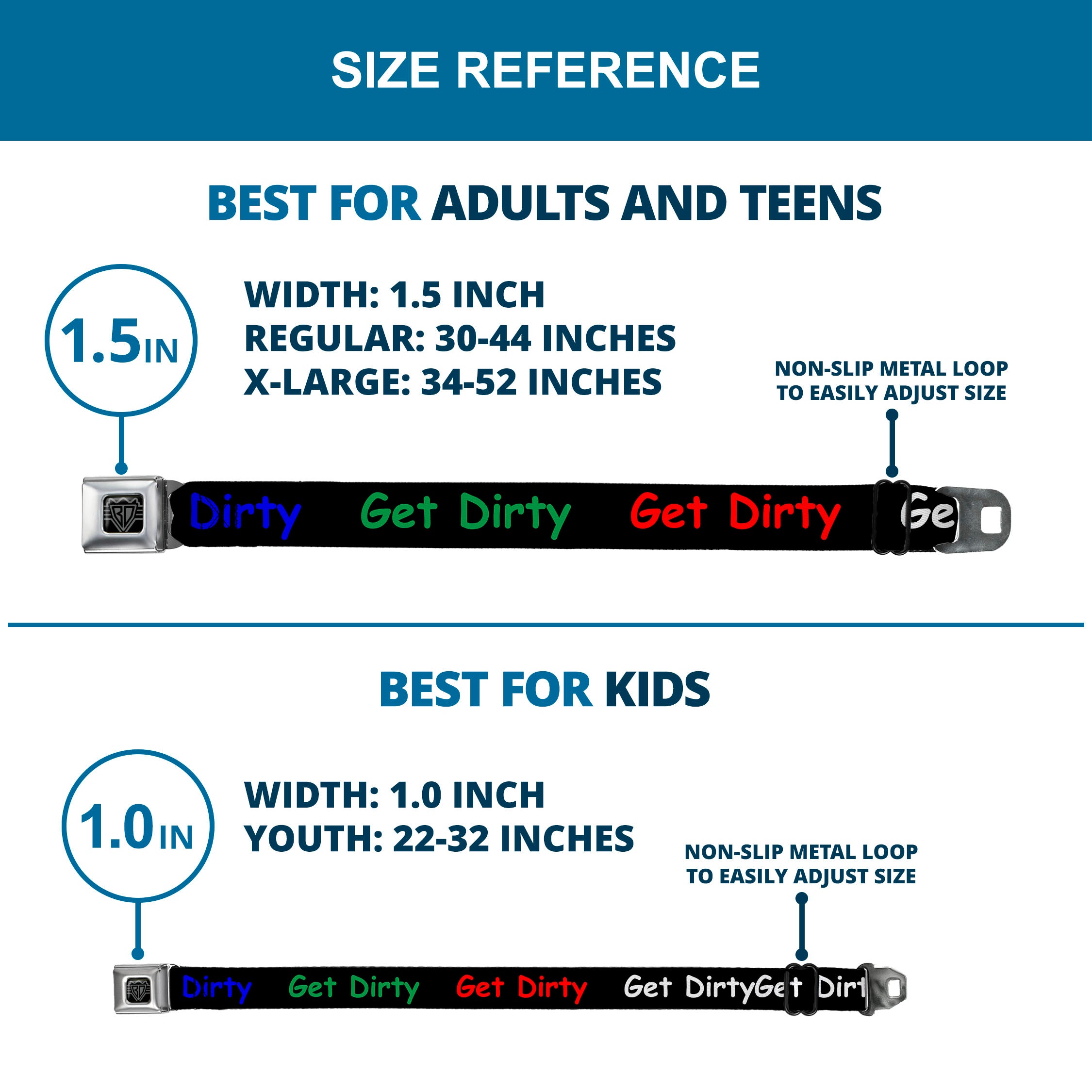 BD Wings Logo CLOSE-UP Full Color Black Silver Seatbelt Belt - GET DIRTY Black/White/Blue/Green/Red Webbing Seatbelt Belts Buckle-Down