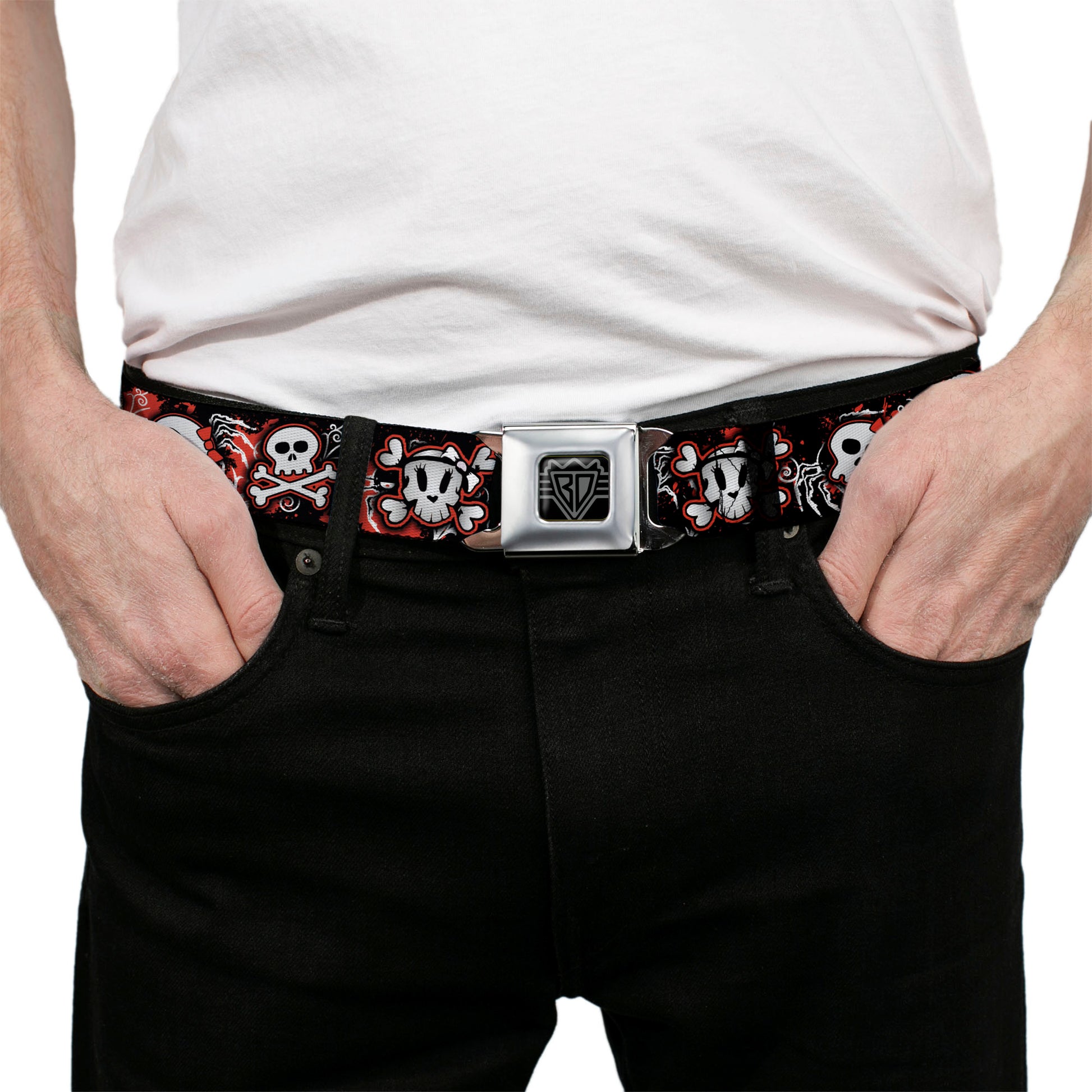 BD Wings Logo CLOSE-UP Full Color Black Silver Seatbelt Belt - Girlie Skull Black/Red Webbing Seatbelt Belts Buckle-Down