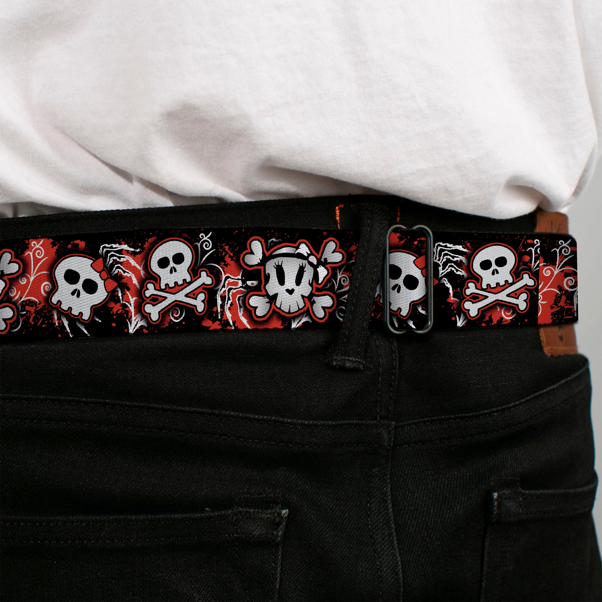 BD Wings Logo CLOSE-UP Full Color Black Silver Seatbelt Belt - Girlie Skull Black/Red Webbing Seatbelt Belts Buckle-Down