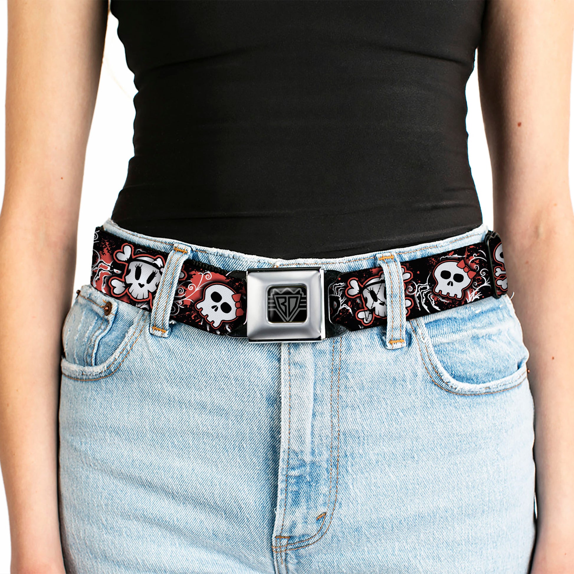 BD Wings Logo CLOSE-UP Full Color Black Silver Seatbelt Belt - Girlie Skull Black/Red Webbing Seatbelt Belts Buckle-Down