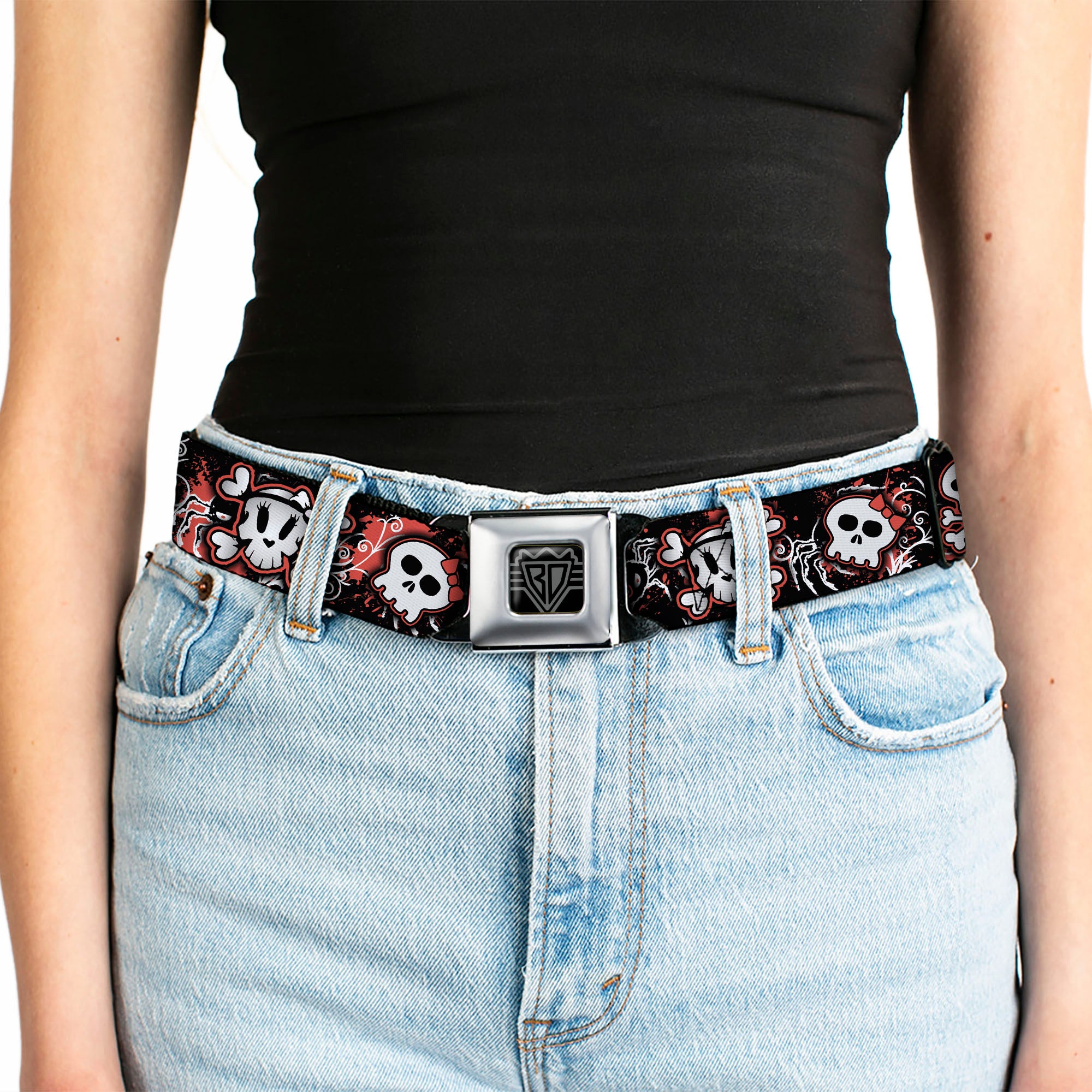 BD Wings Logo CLOSE-UP Full Color Black Silver Seatbelt Belt - Girlie Skull Black/Red Webbing Seatbelt Belts Buckle-Down