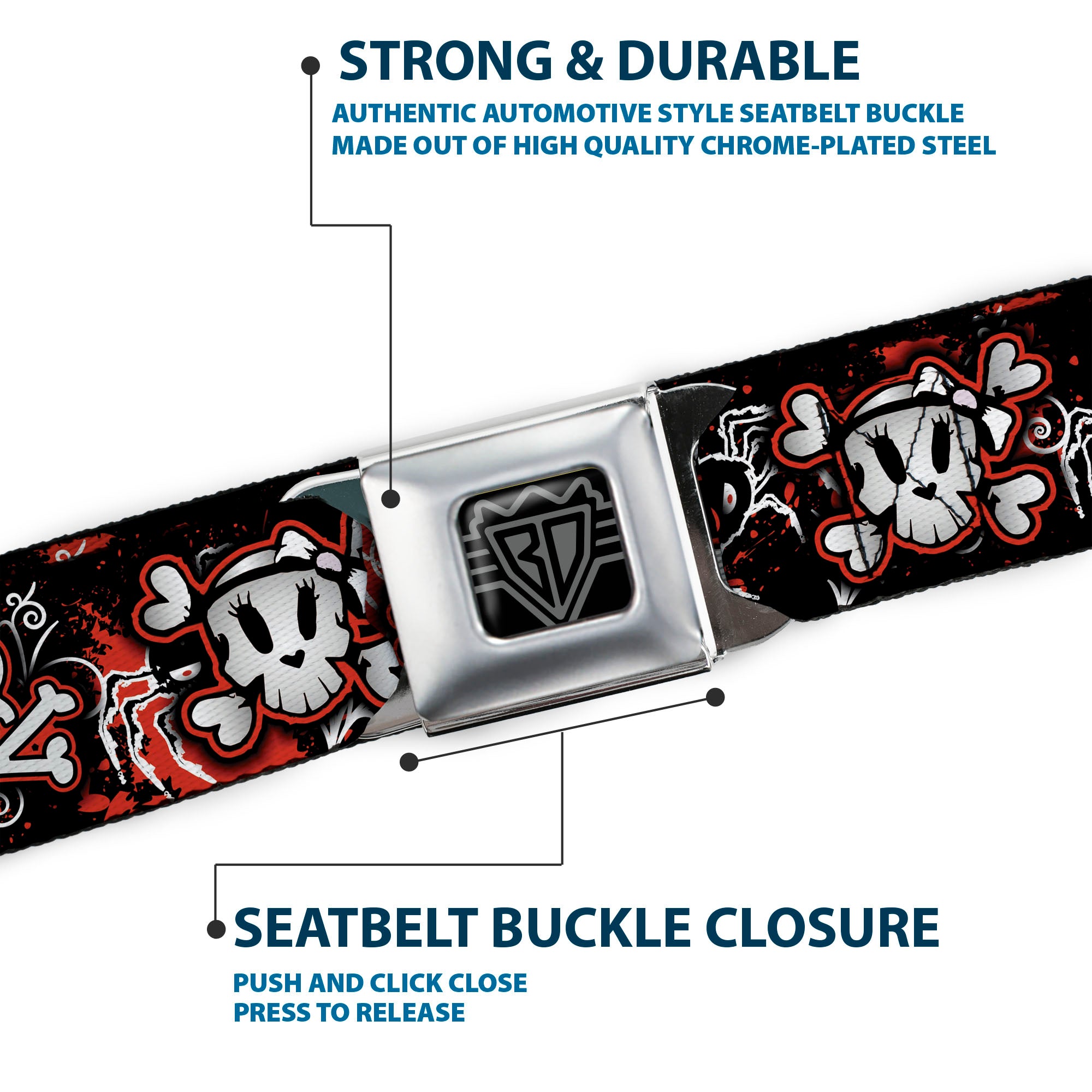 BD Wings Logo CLOSE-UP Full Color Black Silver Seatbelt Belt - Girlie Skull Black/Red Webbing Seatbelt Belts Buckle-Down