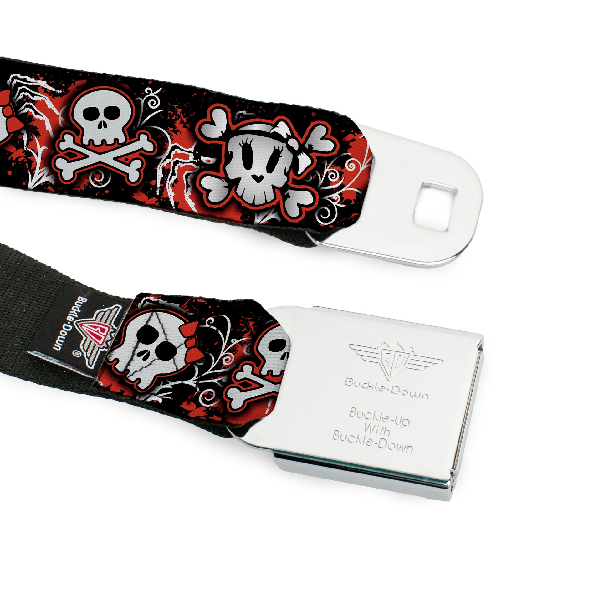 BD Wings Logo CLOSE-UP Full Color Black Silver Seatbelt Belt - Girlie Skull Black/Red Webbing Seatbelt Belts Buckle-Down