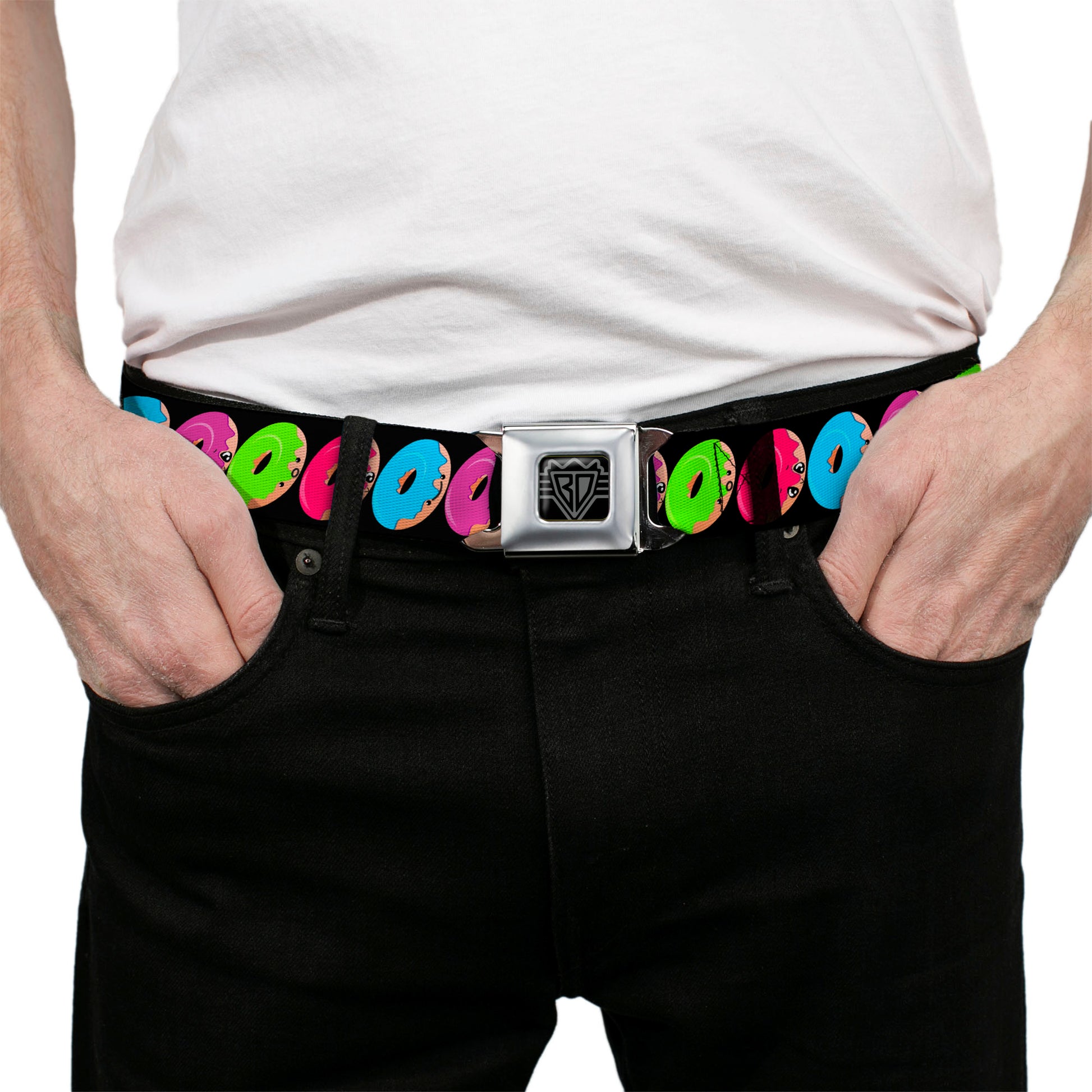 BD Wings Logo CLOSE-UP Full Color Black Silver Seatbelt Belt - Glaze Donut Expressions Black Webbing Seatbelt Belts Buckle-Down