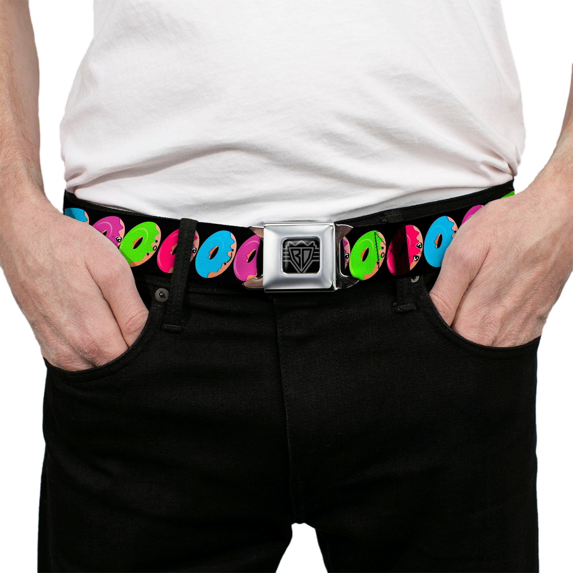 BD Wings Logo CLOSE-UP Full Color Black Silver Seatbelt Belt - Glaze Donut Expressions Black Webbing Seatbelt Belts Buckle-Down