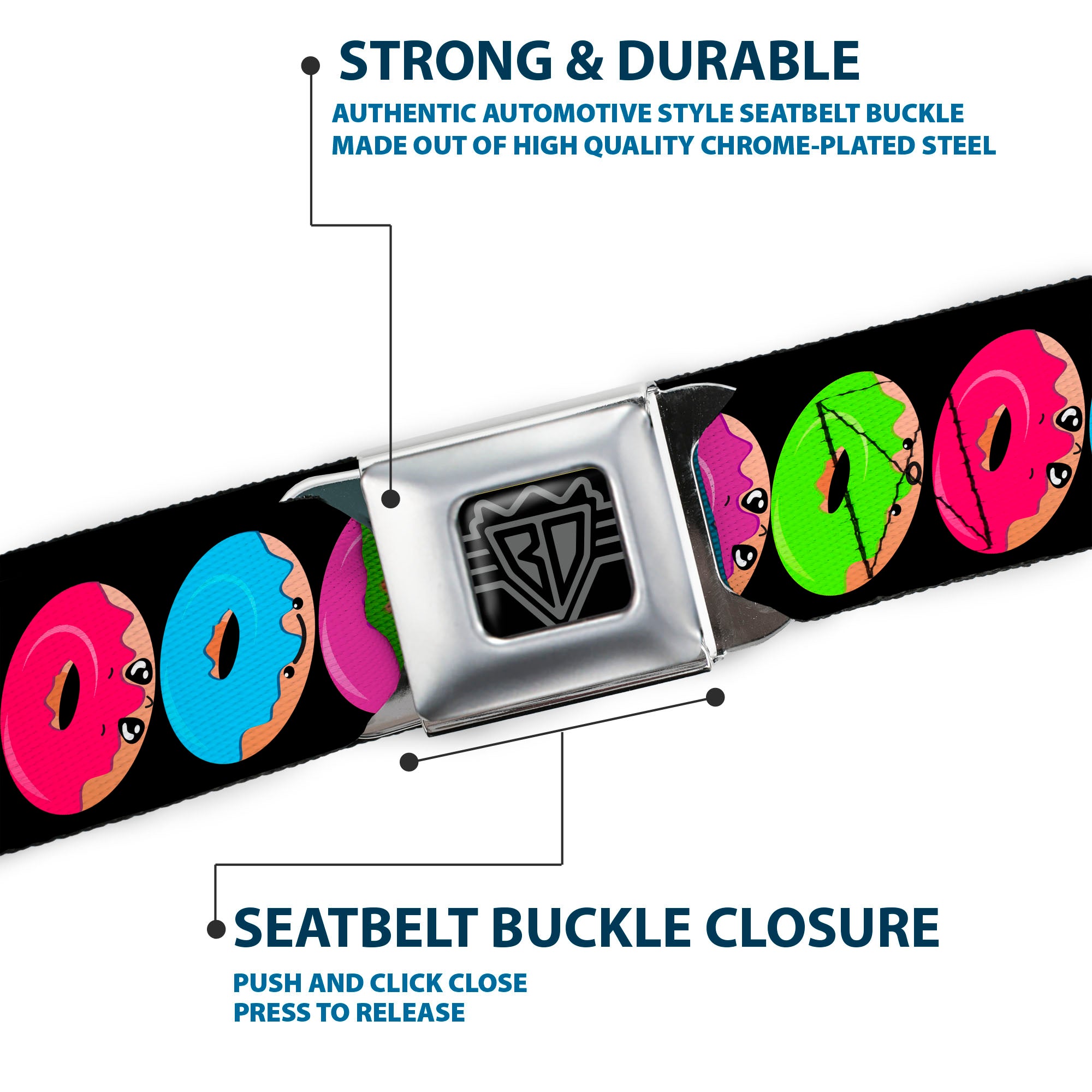 BD Wings Logo CLOSE-UP Full Color Black Silver Seatbelt Belt - Glaze Donut Expressions Black Webbing Seatbelt Belts Buckle-Down