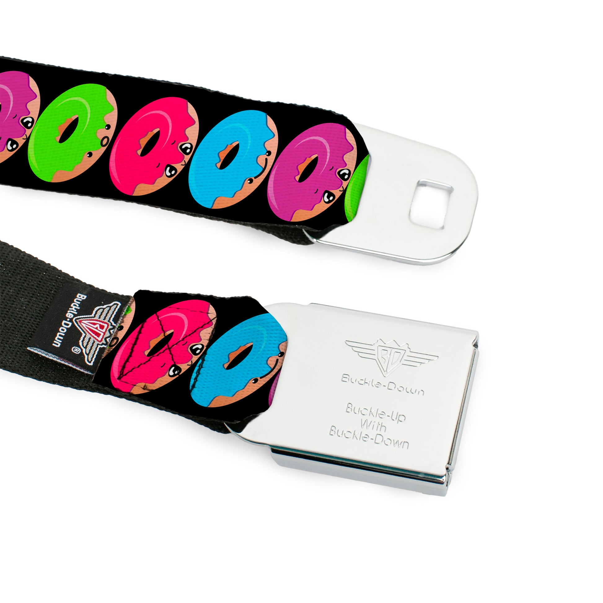 BD Wings Logo CLOSE-UP Full Color Black Silver Seatbelt Belt - Glaze Donut Expressions Black Webbing Seatbelt Belts Buckle-Down