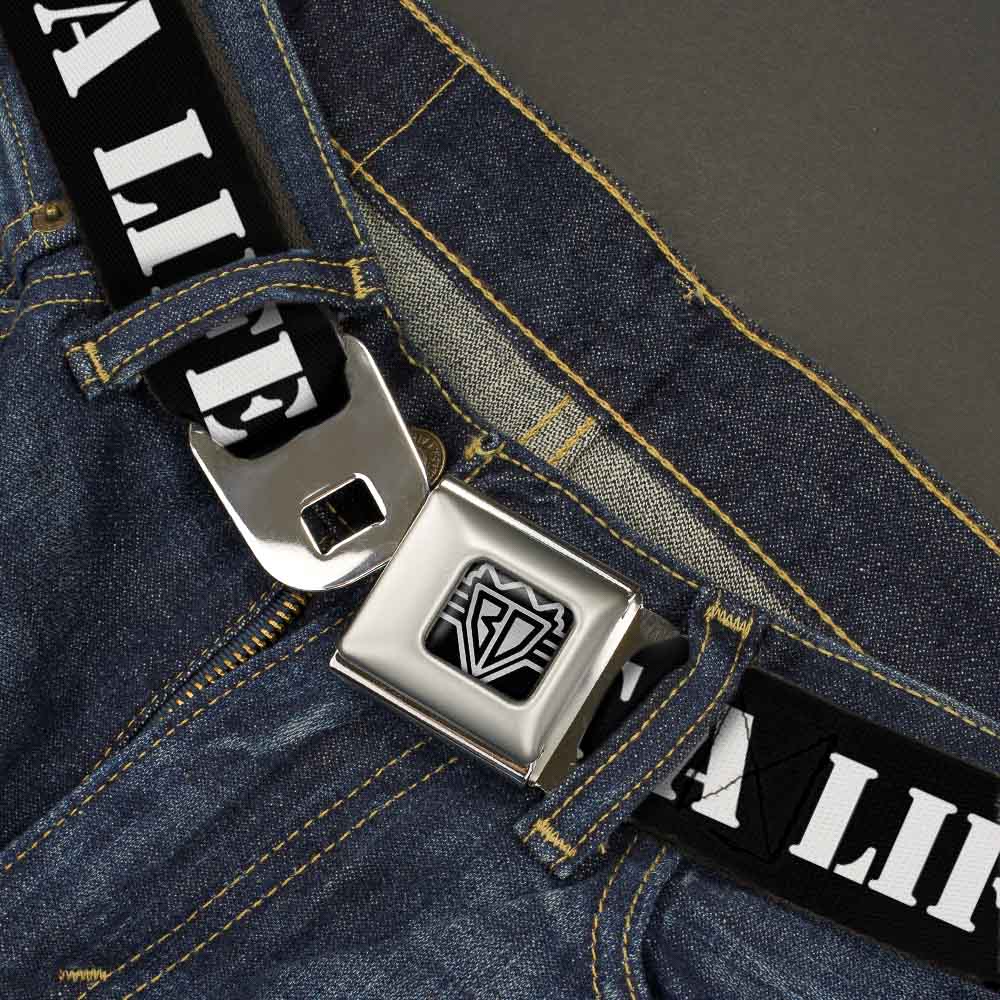 BD Wings Logo CLOSE-UP Full Color Black Silver Seatbelt Belt - GET A LIFE! Black/White Webbing Seatbelt Belts Buckle-Down