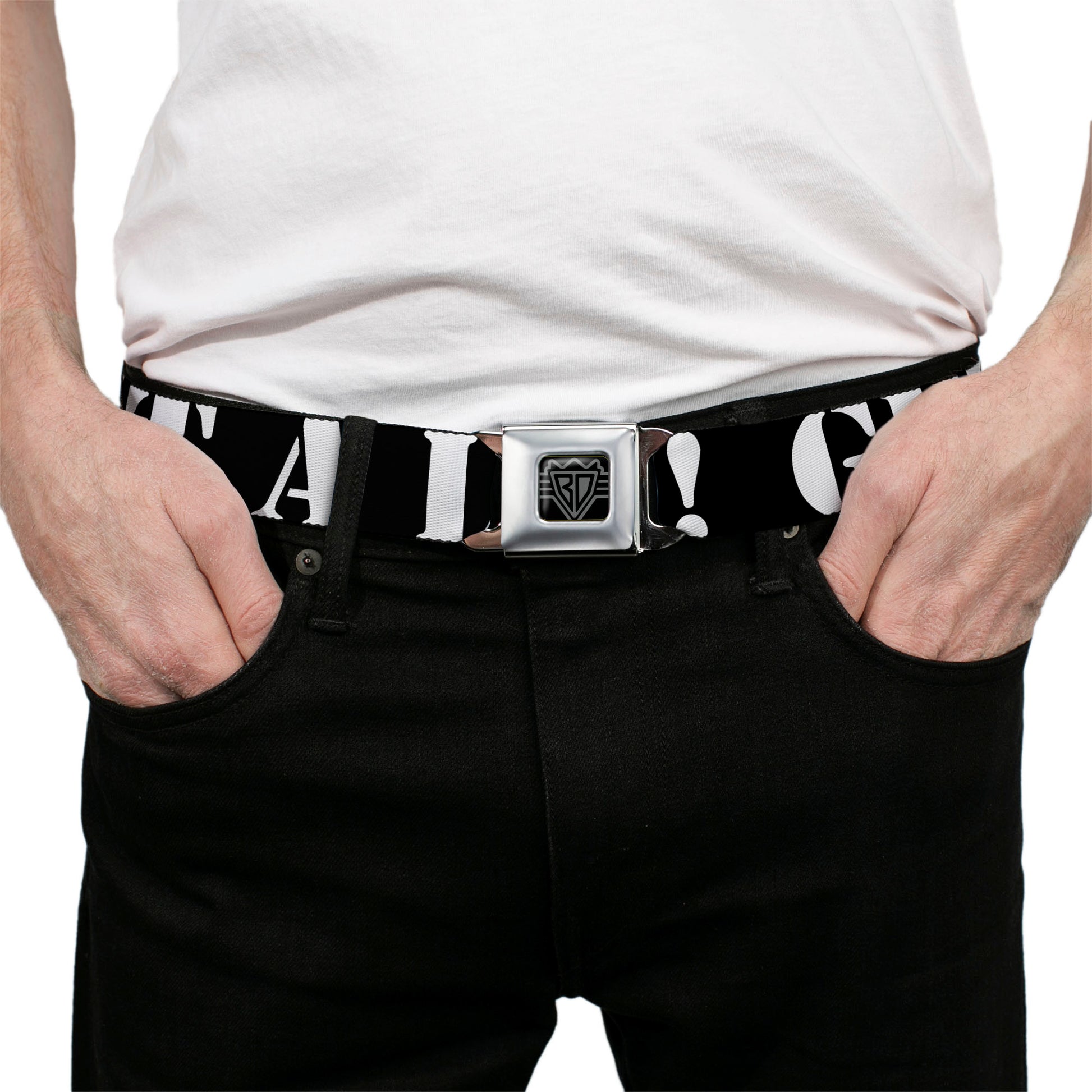 BD Wings Logo CLOSE-UP Full Color Black Silver Seatbelt Belt - GET A LIFE! Black/White Webbing Seatbelt Belts Buckle-Down