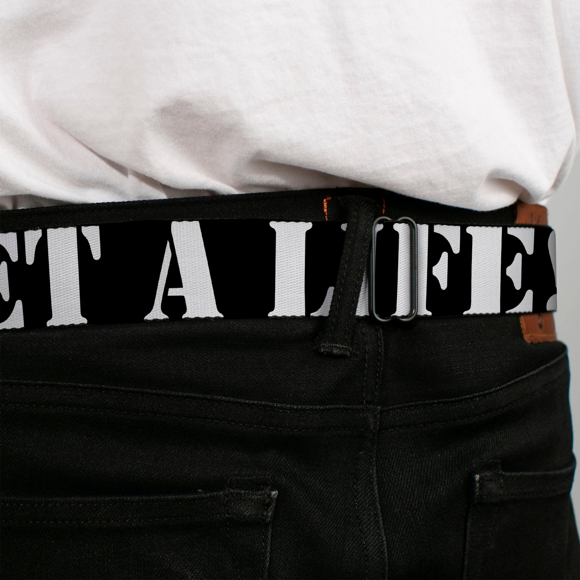 BD Wings Logo CLOSE-UP Full Color Black Silver Seatbelt Belt - GET A LIFE! Black/White Webbing Seatbelt Belts Buckle-Down