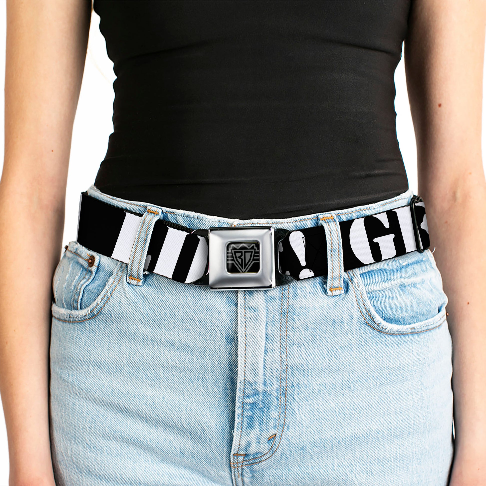 BD Wings Logo CLOSE-UP Full Color Black Silver Seatbelt Belt - GET A LIFE! Black/White Webbing Seatbelt Belts Buckle-Down