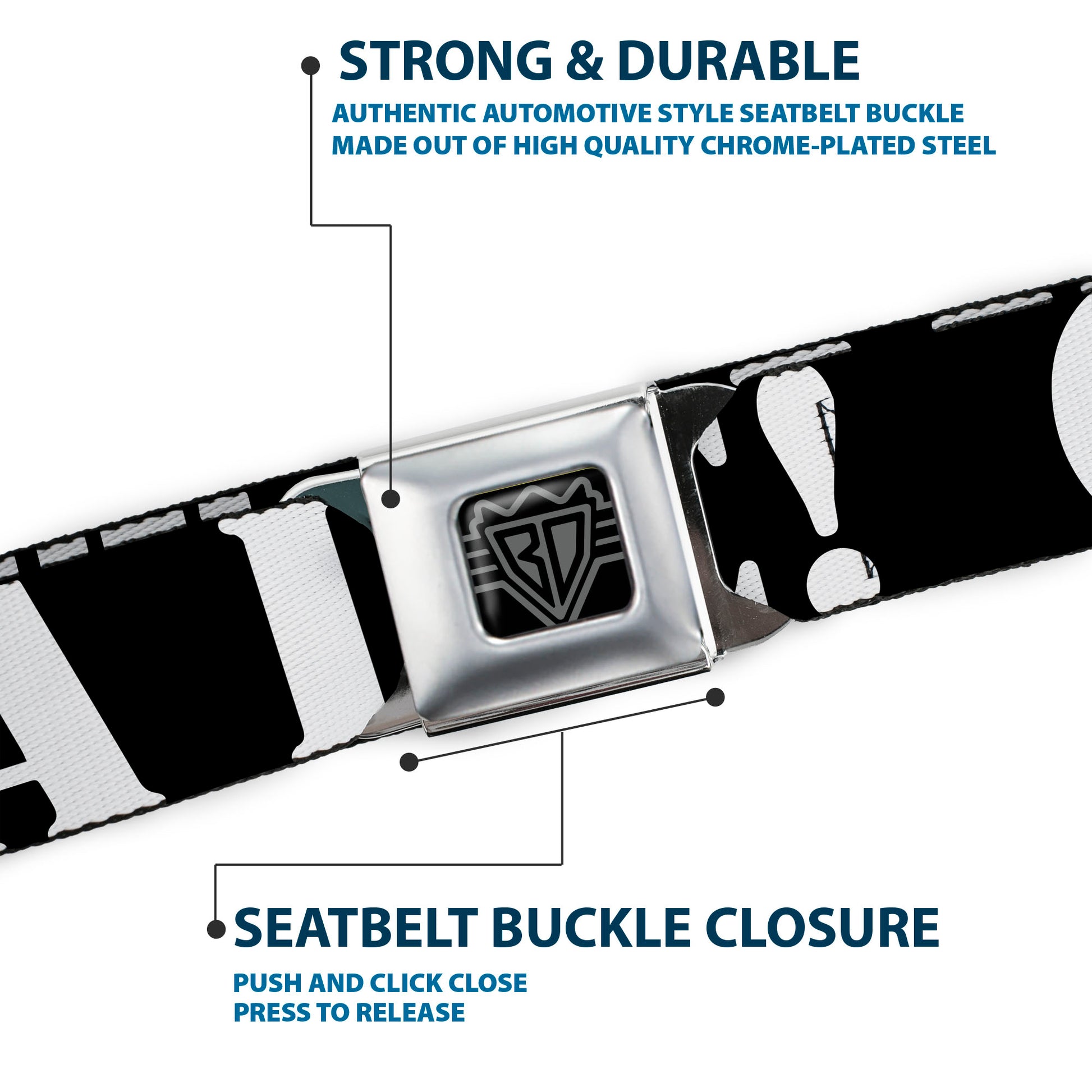 BD Wings Logo CLOSE-UP Full Color Black Silver Seatbelt Belt - GET A LIFE! Black/White Webbing Seatbelt Belts Buckle-Down