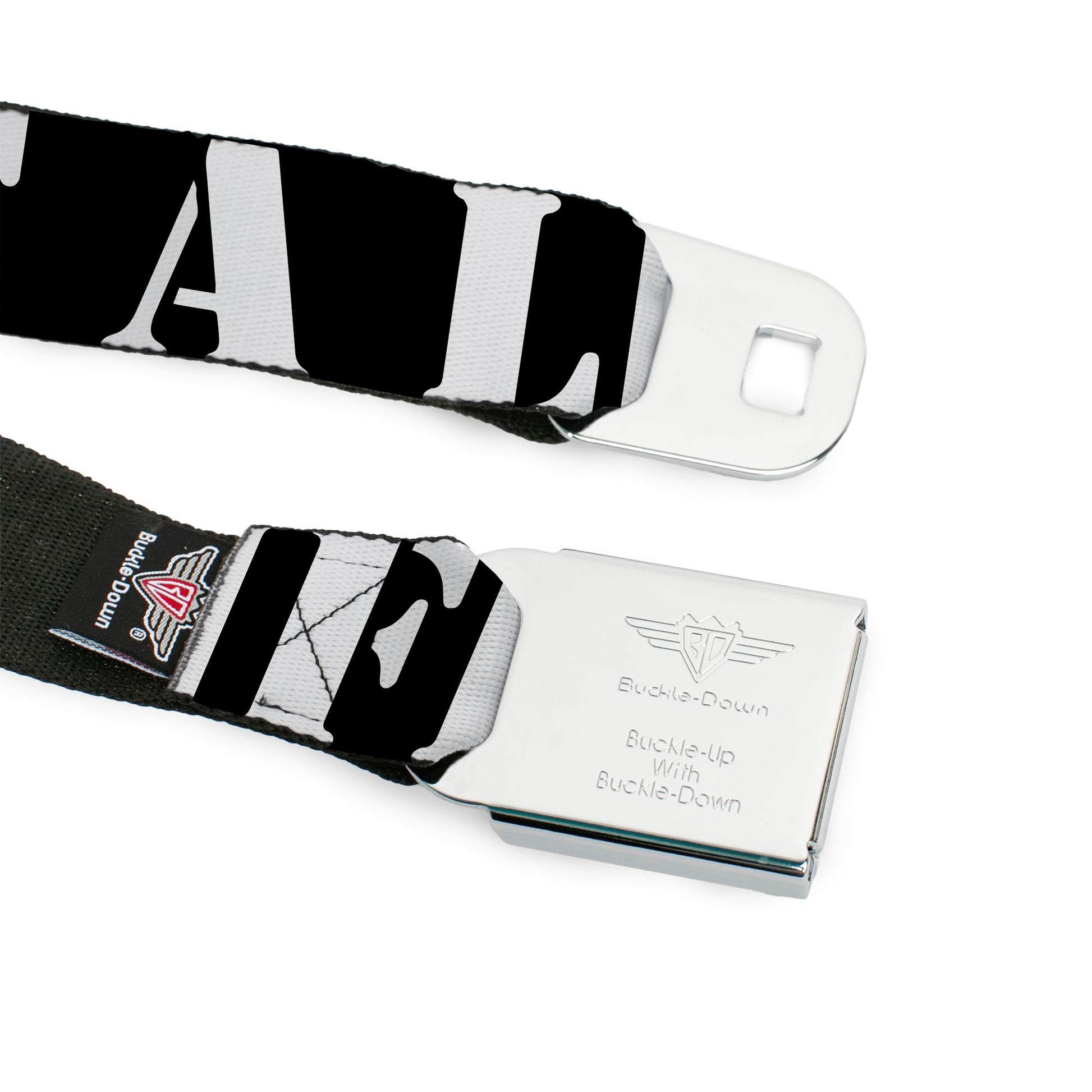 BD Wings Logo CLOSE-UP Full Color Black Silver Seatbelt Belt - GET A LIFE! Black/White Webbing Seatbelt Belts Buckle-Down