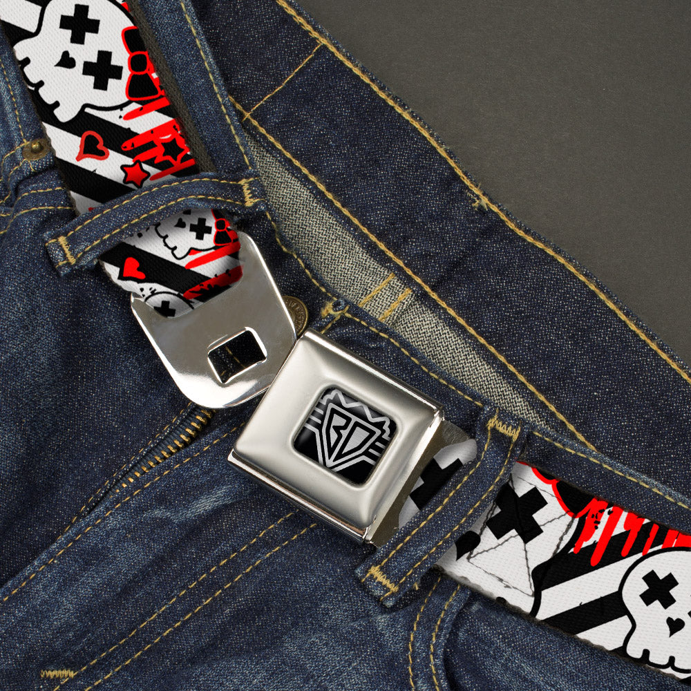 BD Wings Logo CLOSE-UP Full Color Black Silver Seatbelt Belt - Girlie Skull Black/White w/Red Paint Drips Webbing Seatbelt Belts Buckle-Down