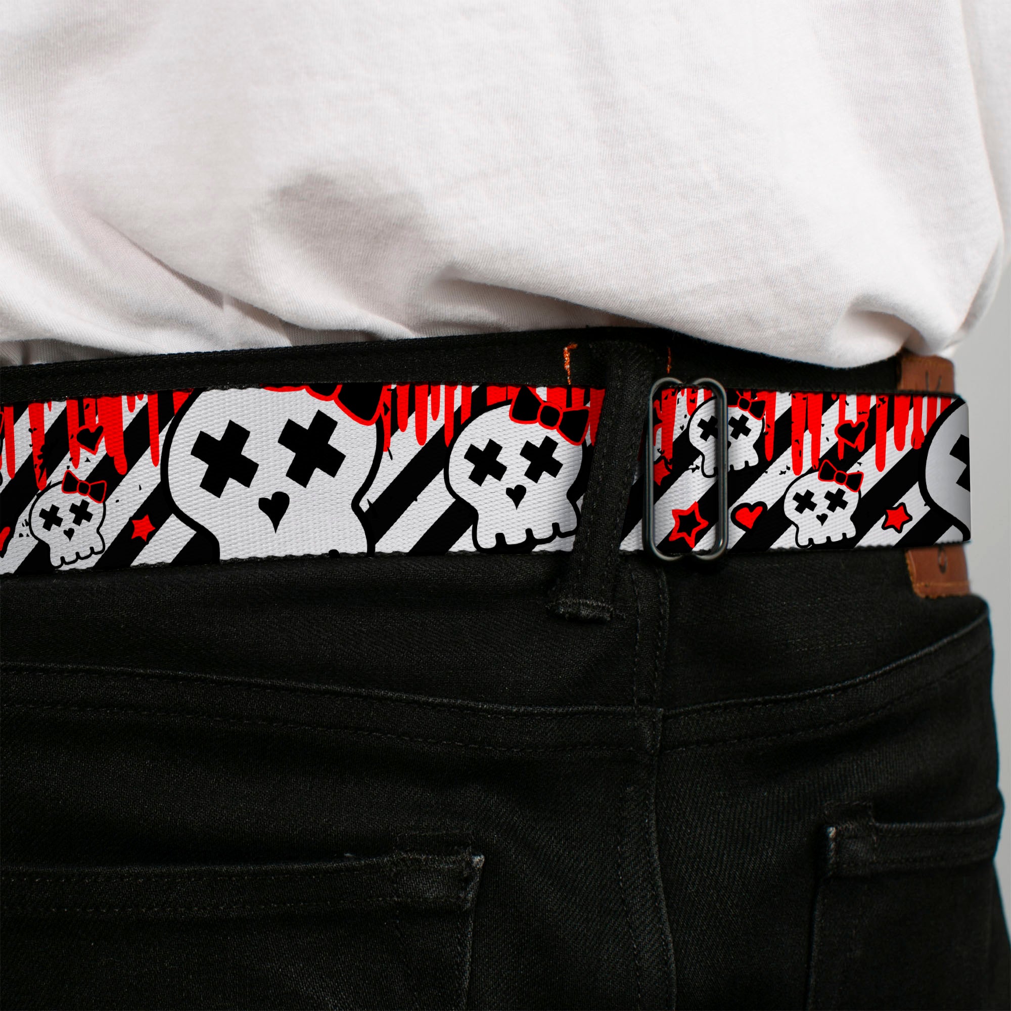 BD Wings Logo CLOSE-UP Full Color Black Silver Seatbelt Belt - Girlie Skull Black/White w/Red Paint Drips Webbing Seatbelt Belts Buckle-Down