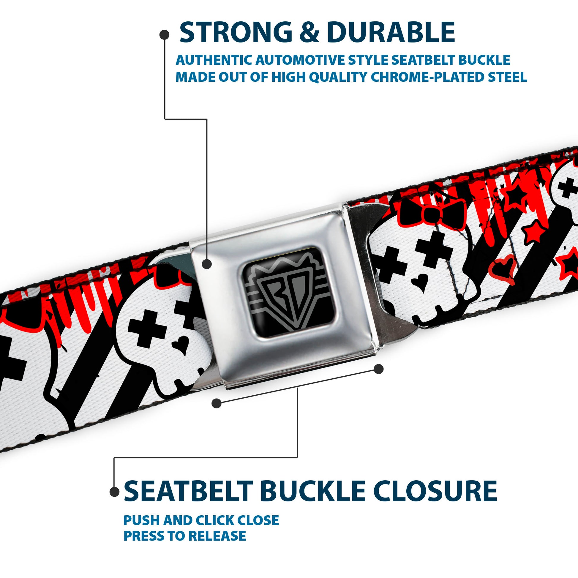 BD Wings Logo CLOSE-UP Full Color Black Silver Seatbelt Belt - Girlie Skull Black/White w/Red Paint Drips Webbing Seatbelt Belts Buckle-Down