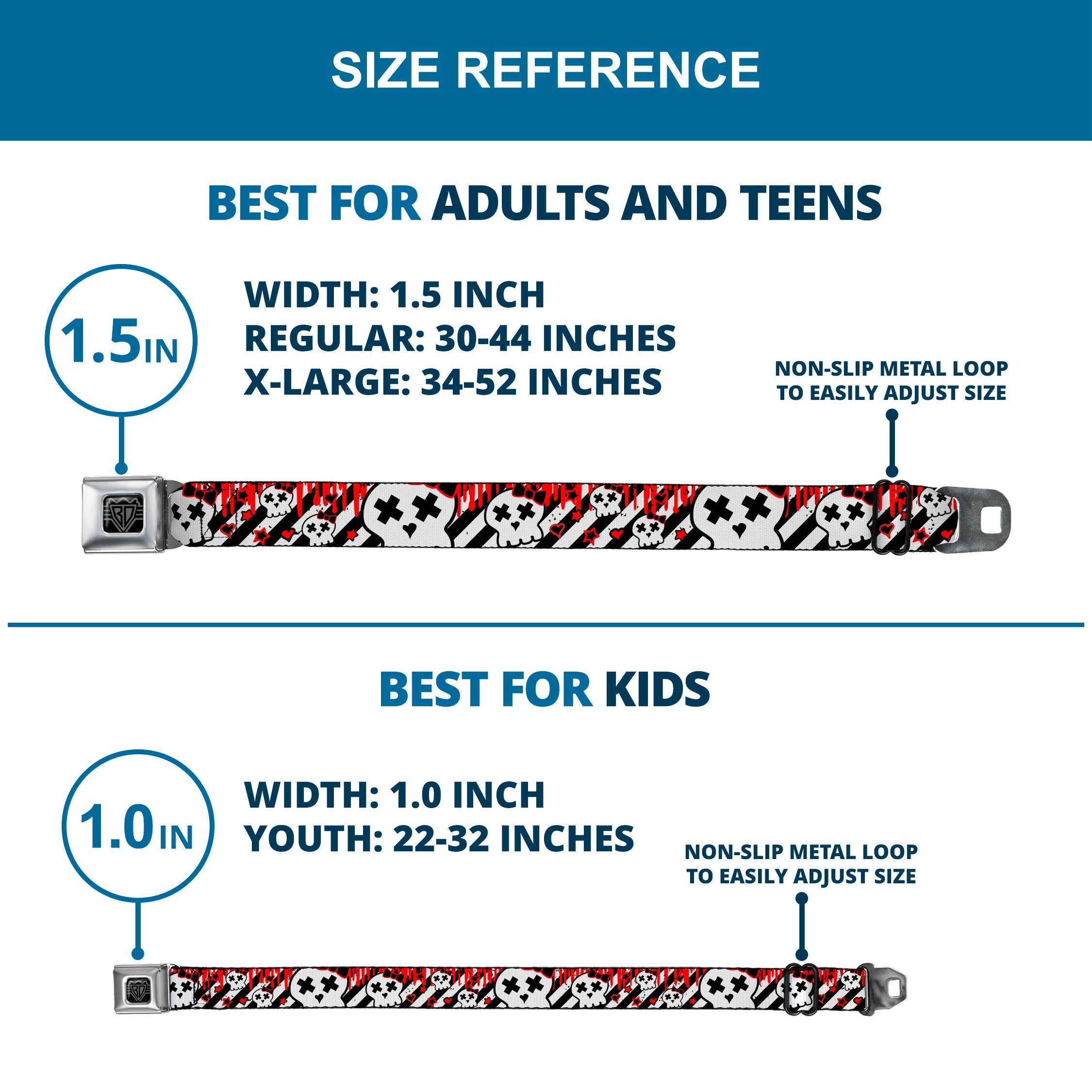 BD Wings Logo CLOSE-UP Full Color Black Silver Seatbelt Belt - Girlie Skull Black/White w/Red Paint Drips Webbing Seatbelt Belts Buckle-Down