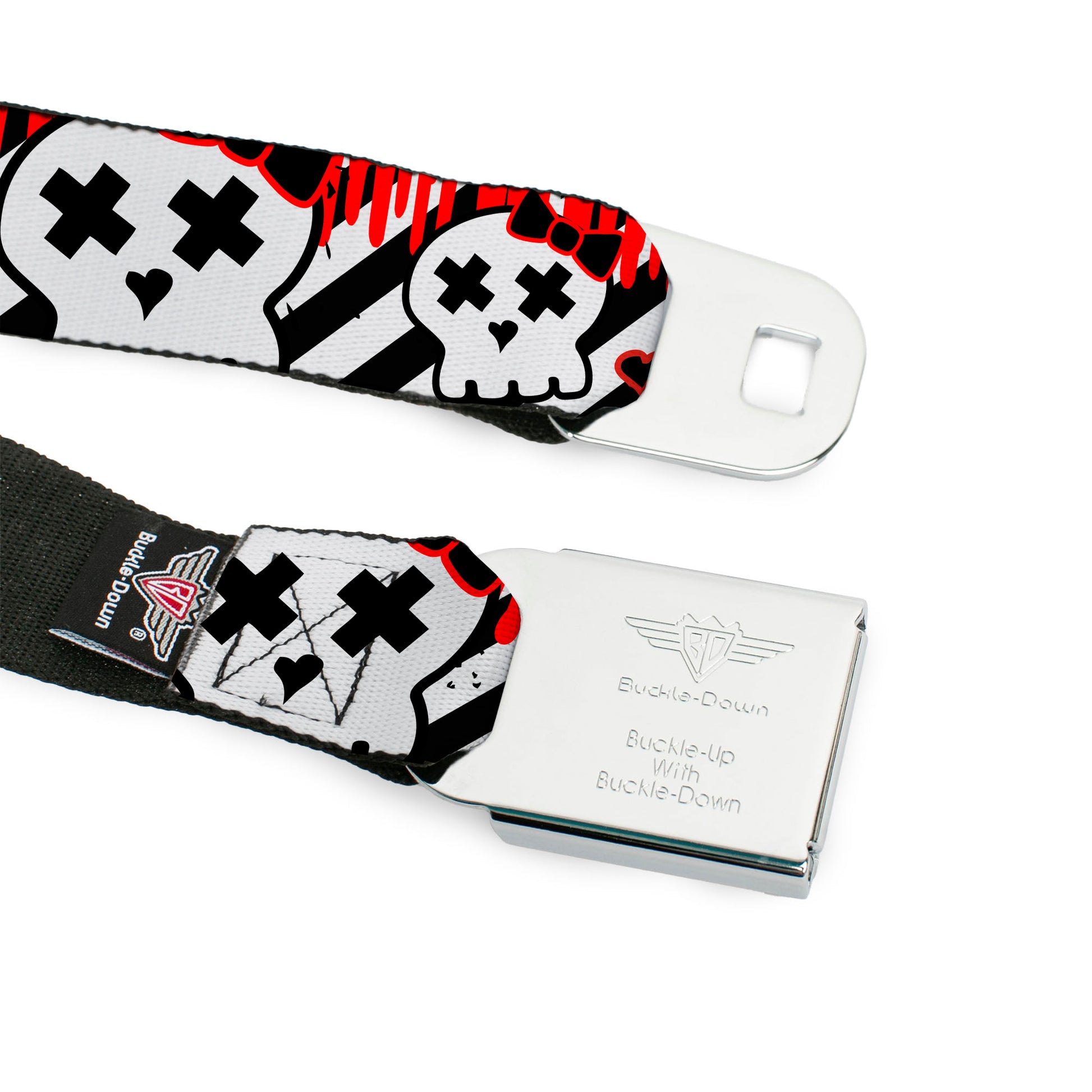 BD Wings Logo CLOSE-UP Full Color Black Silver Seatbelt Belt - Girlie Skull Black/White w/Red Paint Drips Webbing Seatbelt Belts Buckle-Down