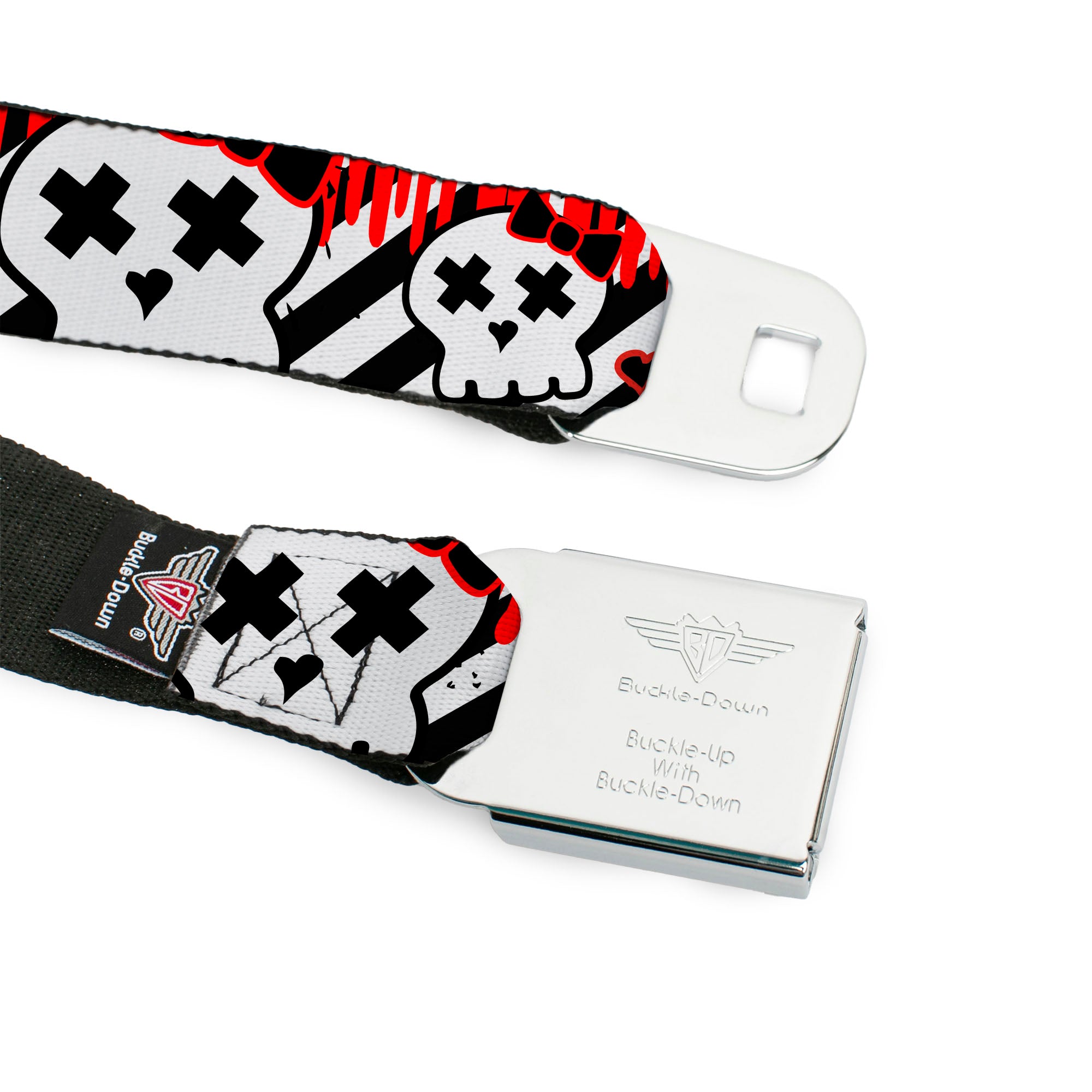 BD Wings Logo CLOSE-UP Full Color Black Silver Seatbelt Belt - Girlie Skull Black/White w/Red Paint Drips Webbing Seatbelt Belts Buckle-Down