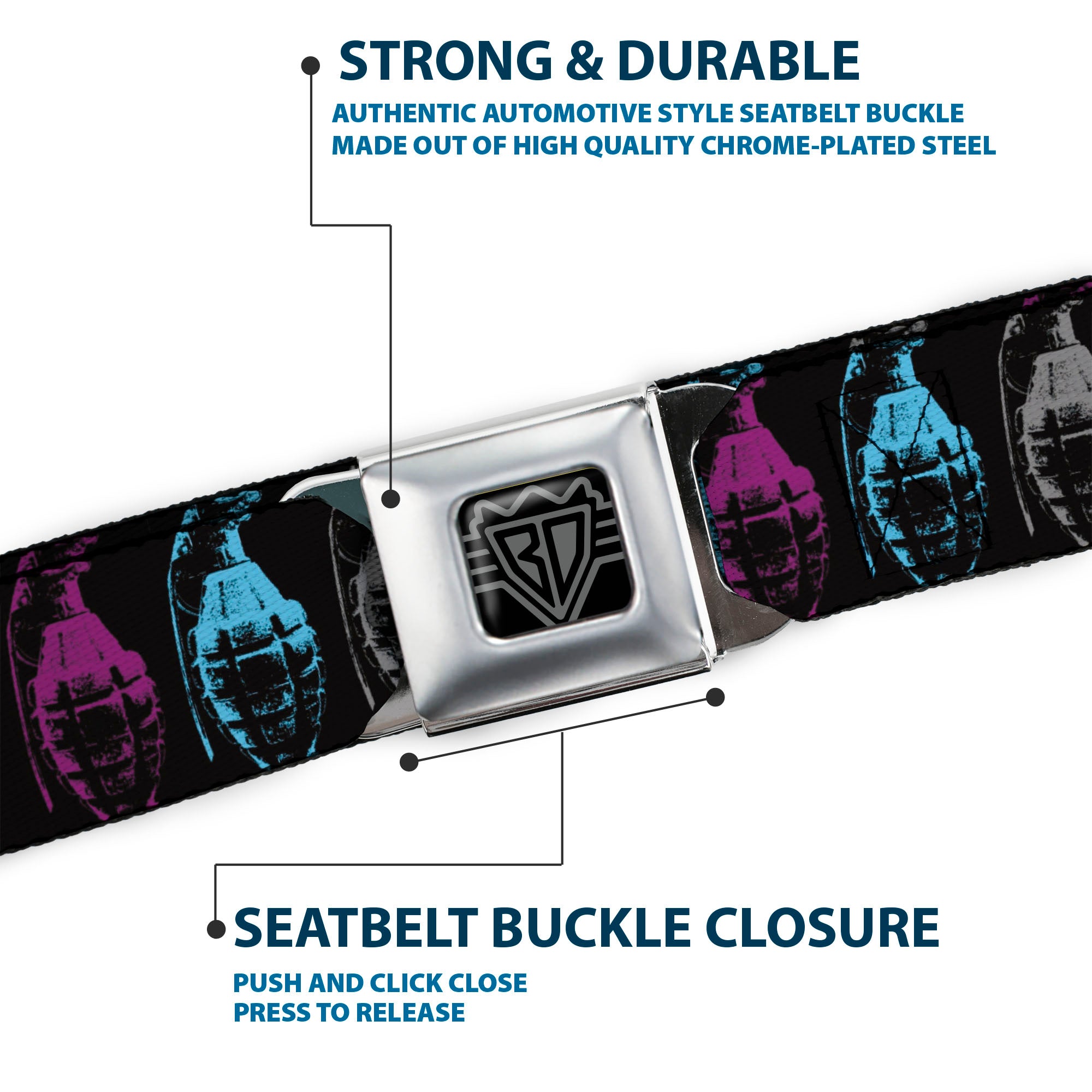 Seatbelt Belt - Grenades Black/Gray/Purple/Baby Blue Seatbelt Belts Buckle-Down