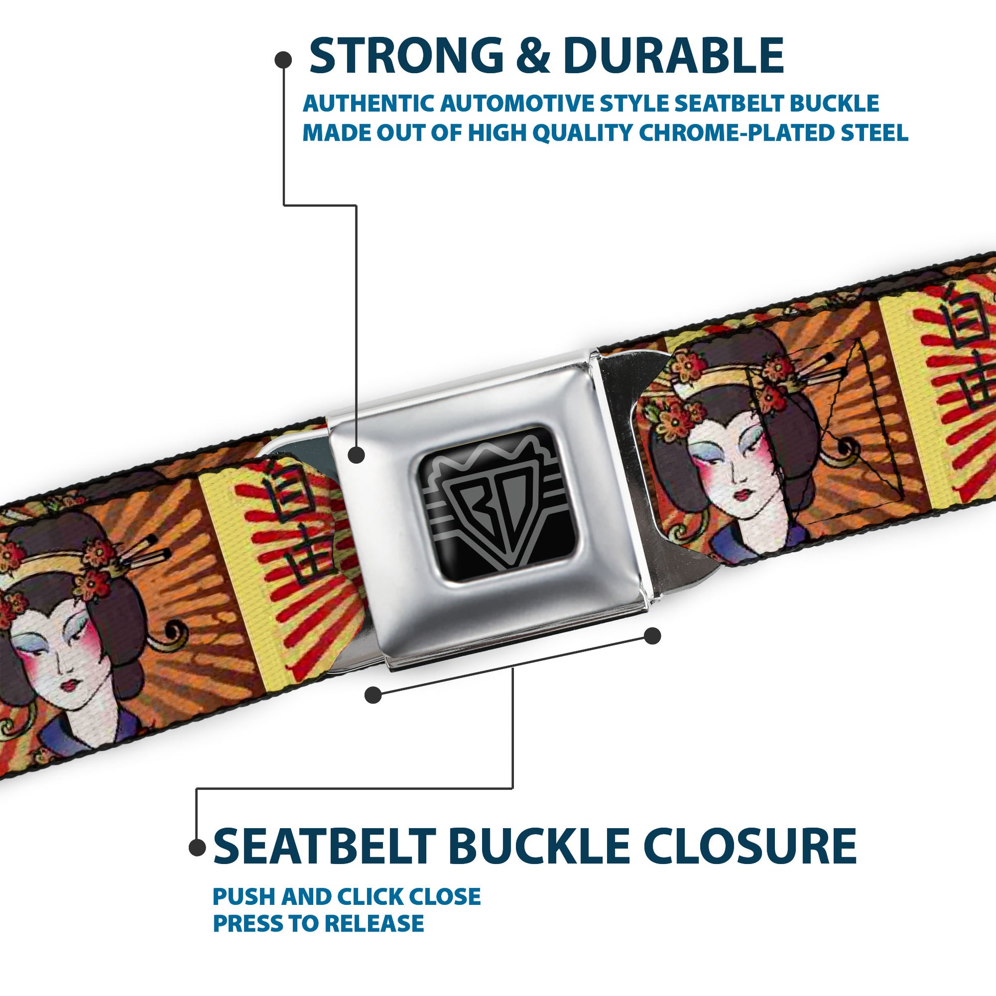 BD Wings Logo CLOSE-UP Full Color Black Silver Seatbelt Belt - Geisha Distressed Repeat Webbing Seatbelt Belts Buckle-Down
