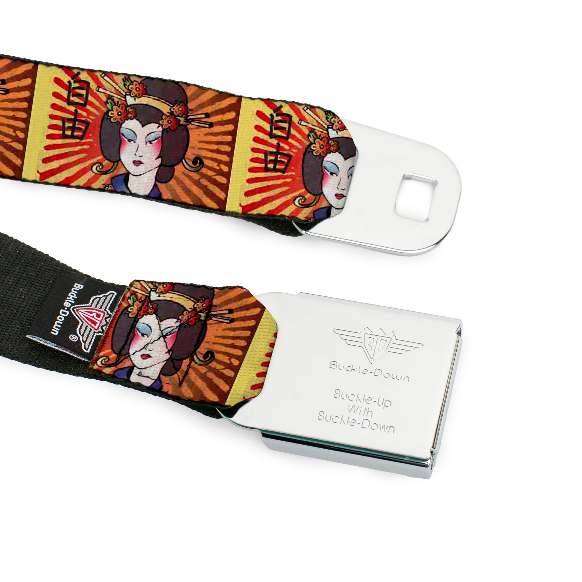 BD Wings Logo CLOSE-UP Full Color Black Silver Seatbelt Belt - Geisha Distressed Repeat Webbing Seatbelt Belts Buckle-Down