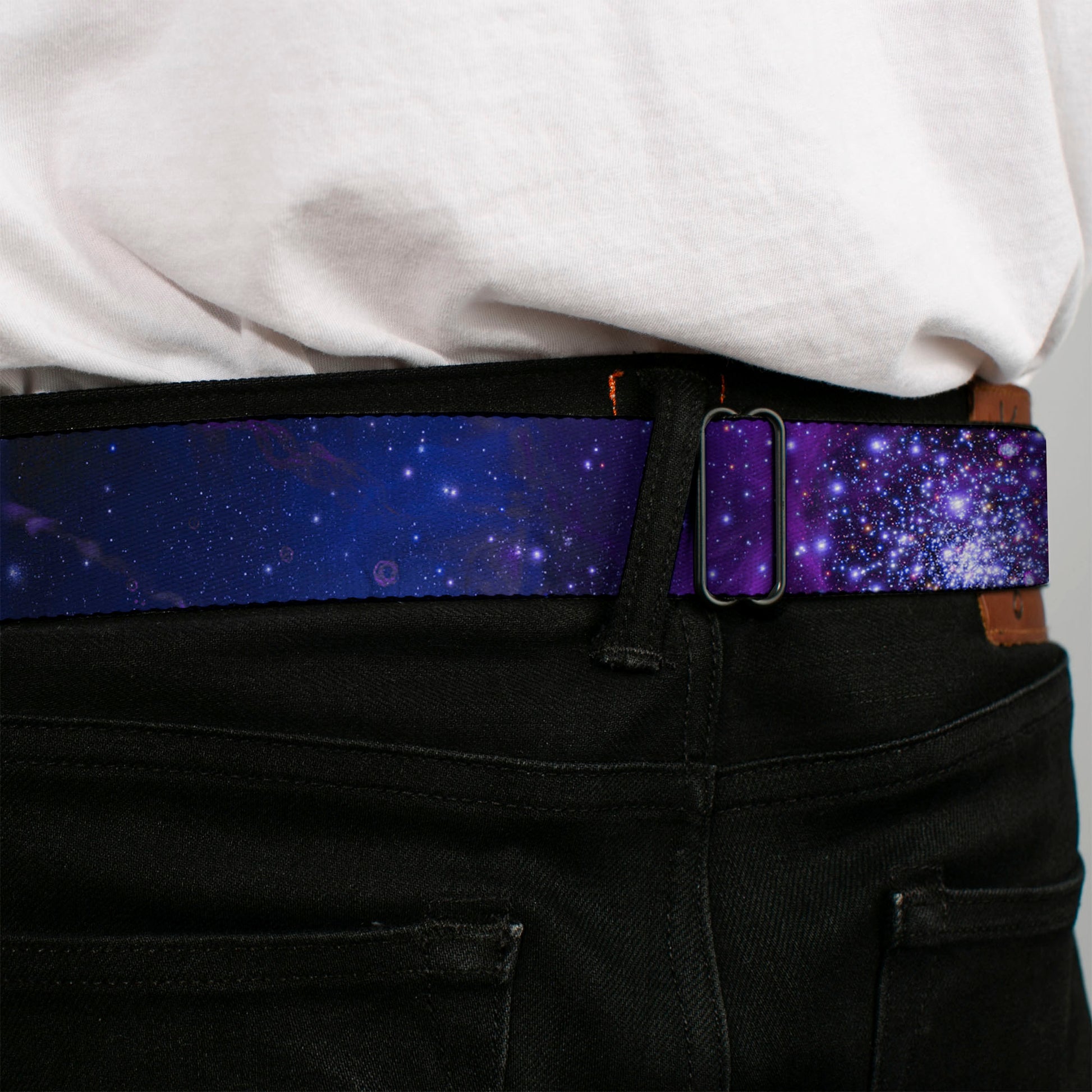 BD Wings Logo CLOSE-UP Full Color Black Silver Seatbelt Belt - Galaxy Blues/Purples Webbing Seatbelt Belts Buckle-Down