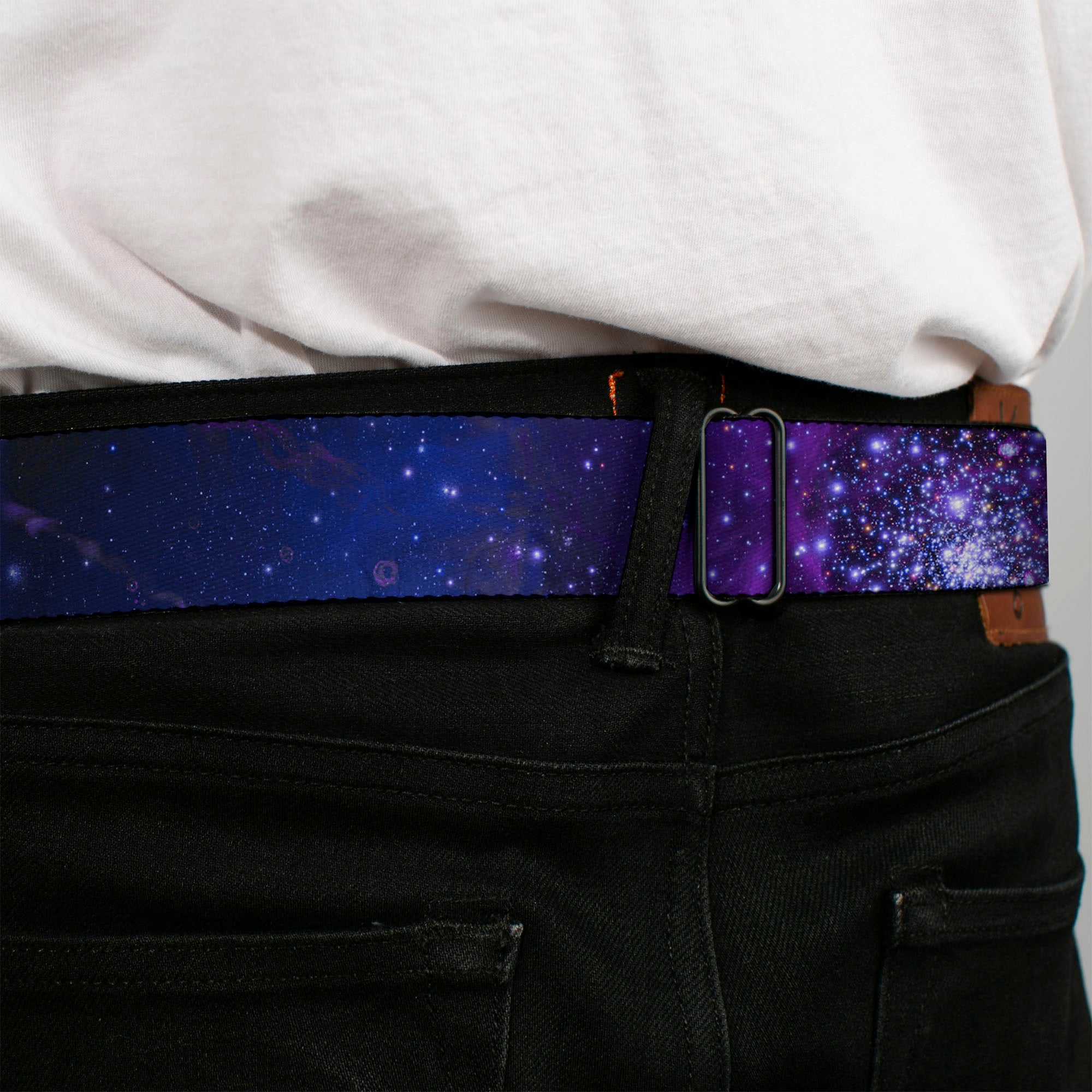 BD Wings Logo CLOSE-UP Full Color Black Silver Seatbelt Belt - Galaxy Blues/Purples Webbing Seatbelt Belts Buckle-Down