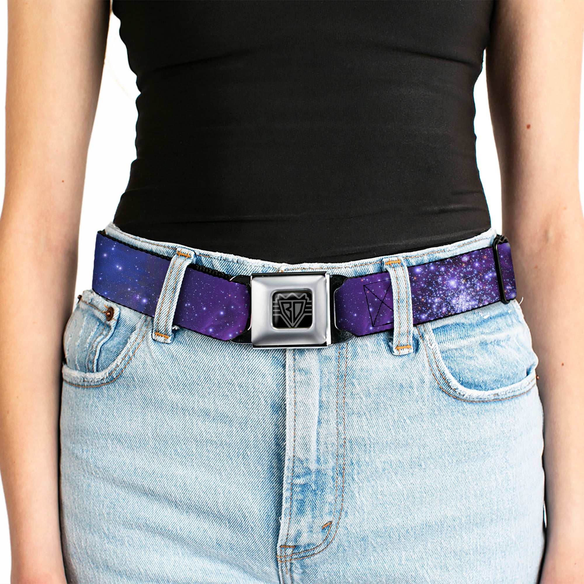 BD Wings Logo CLOSE-UP Full Color Black Silver Seatbelt Belt - Galaxy Blues/Purples Webbing Seatbelt Belts Buckle-Down