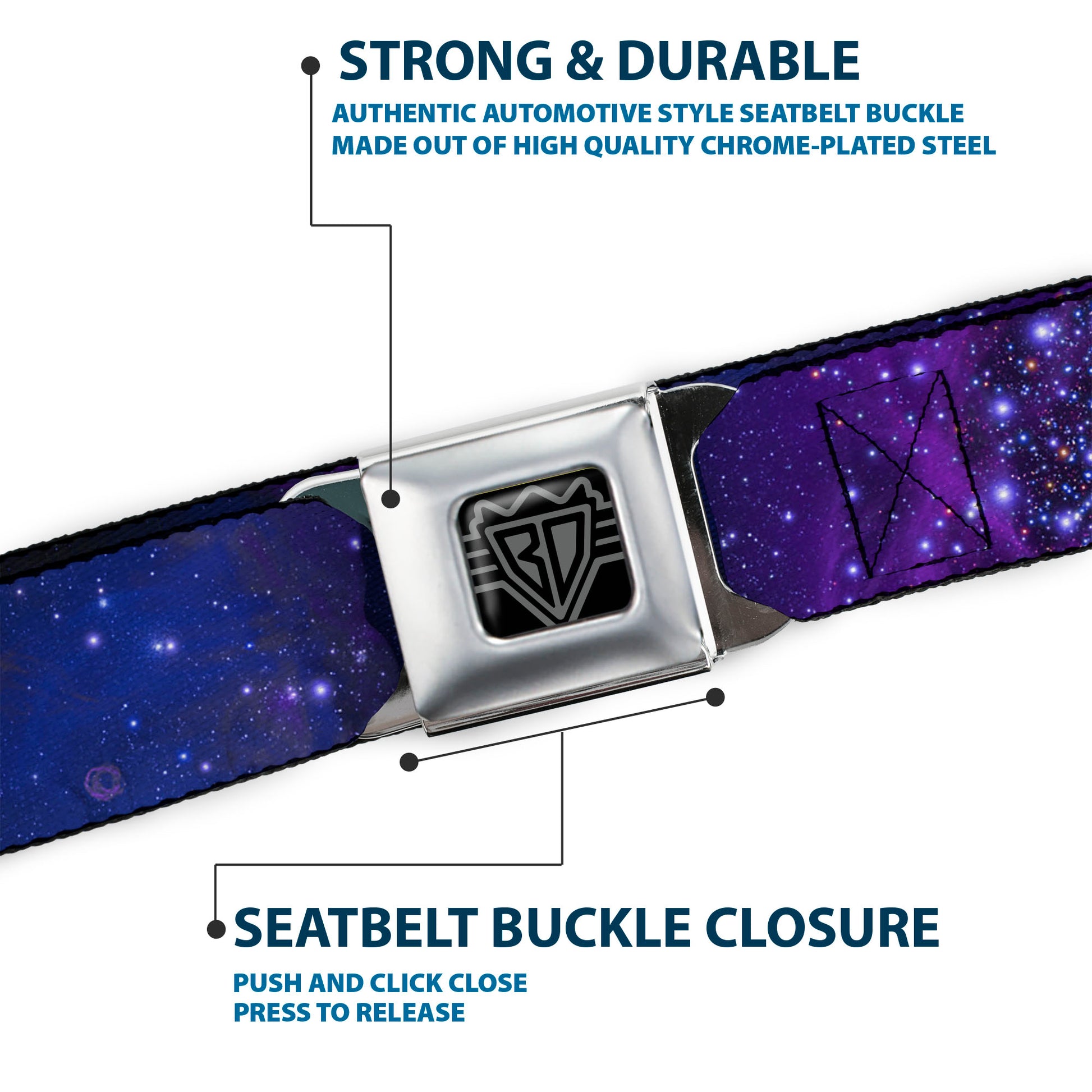 BD Wings Logo CLOSE-UP Full Color Black Silver Seatbelt Belt - Galaxy Blues/Purples Webbing Seatbelt Belts Buckle-Down