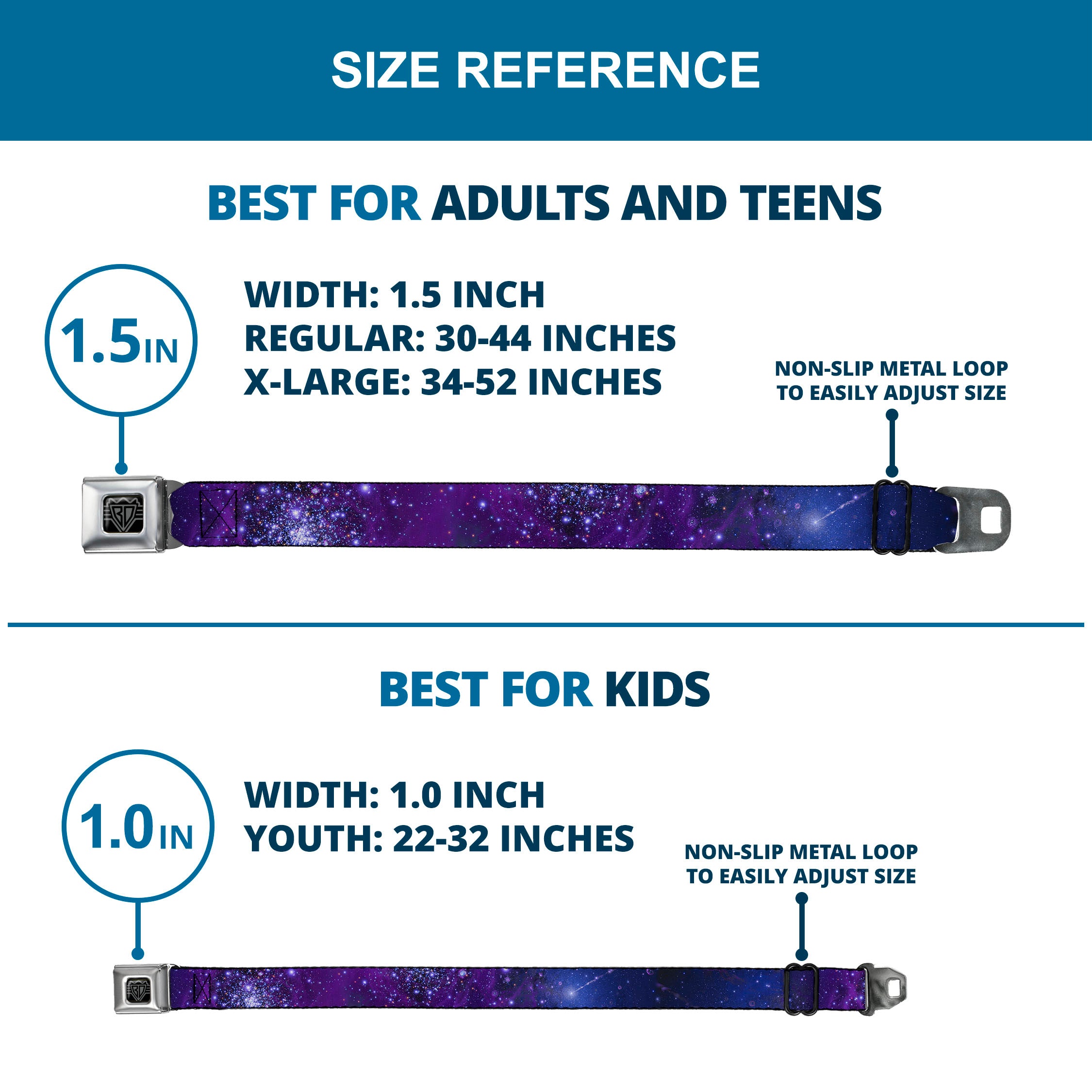 BD Wings Logo CLOSE-UP Full Color Black Silver Seatbelt Belt - Galaxy Blues/Purples Webbing Seatbelt Belts Buckle-Down