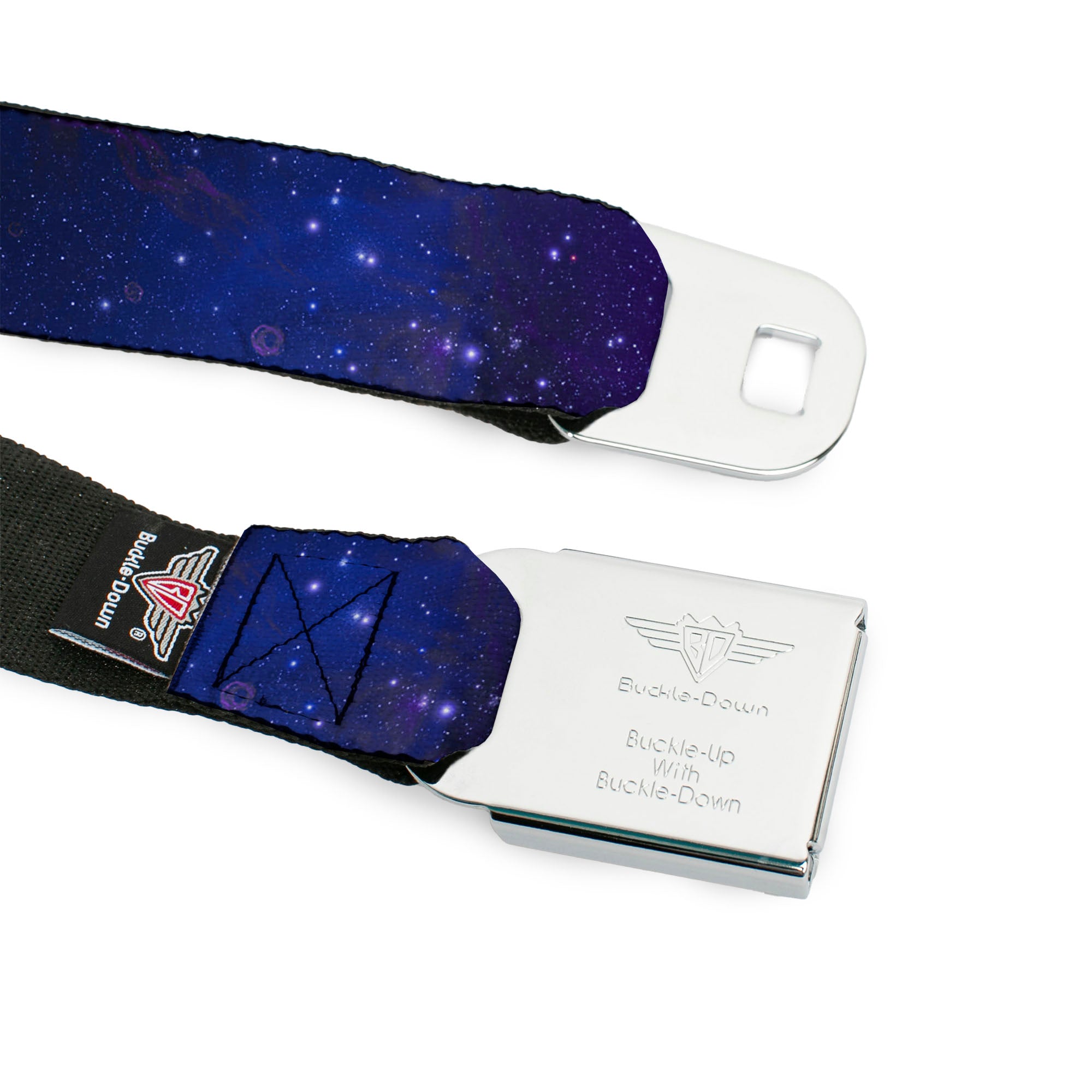 BD Wings Logo CLOSE-UP Full Color Black Silver Seatbelt Belt - Galaxy Blues/Purples Webbing Seatbelt Belts Buckle-Down