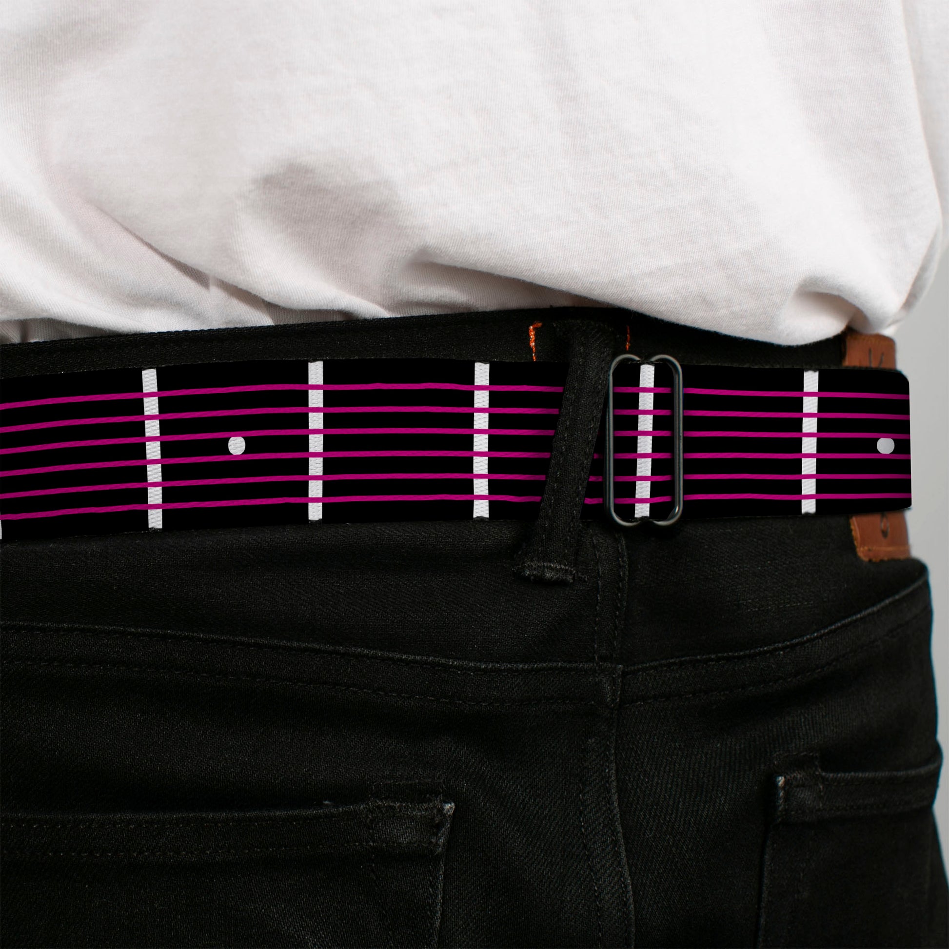 BD Wings Logo CLOSE-UP Full Color Black Silver Seatbelt Belt - Guitar Neck Black/White/Pink Webbing Seatbelt Belts Buckle-Down