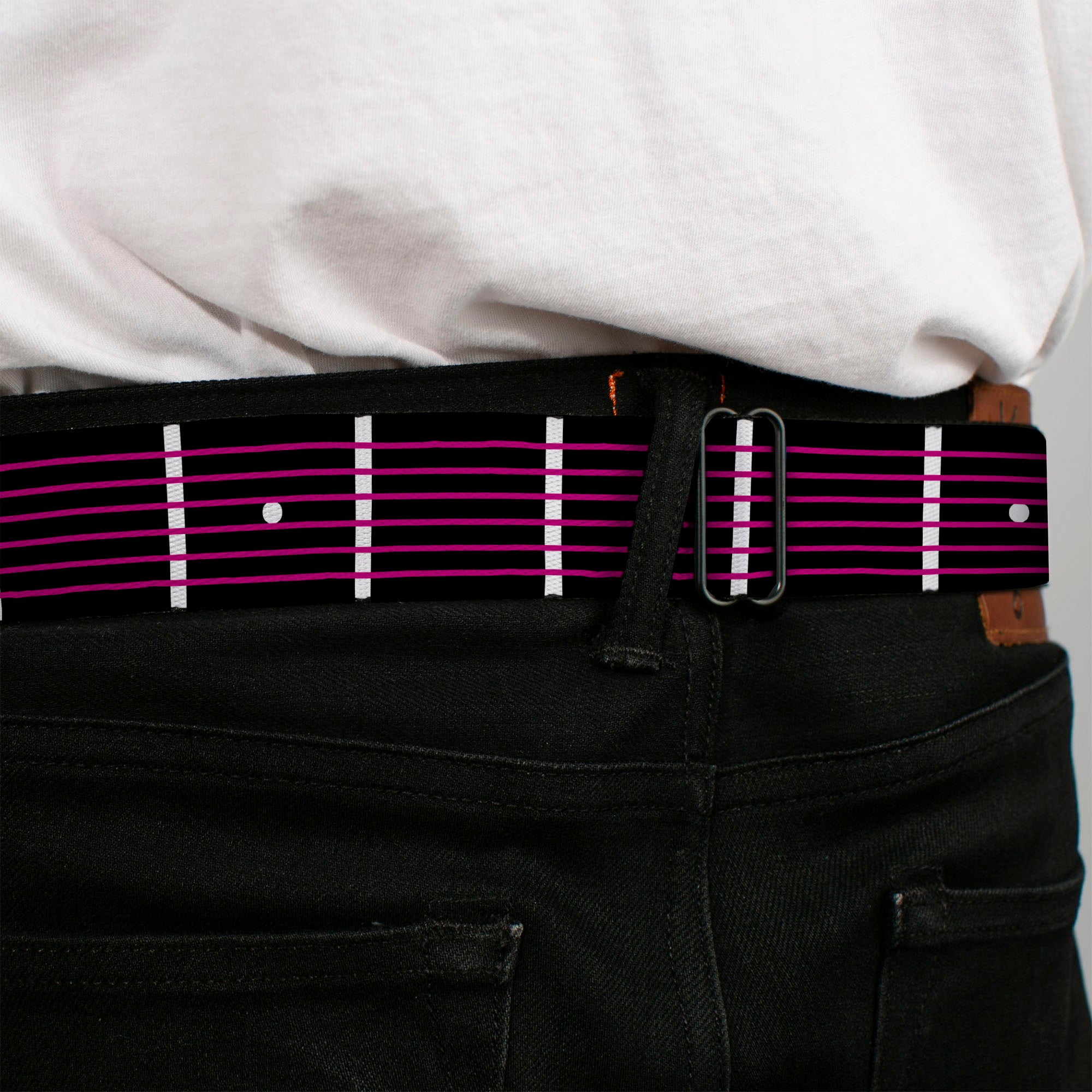 BD Wings Logo CLOSE-UP Full Color Black Silver Seatbelt Belt - Guitar Neck Black/White/Pink Webbing Seatbelt Belts Buckle-Down