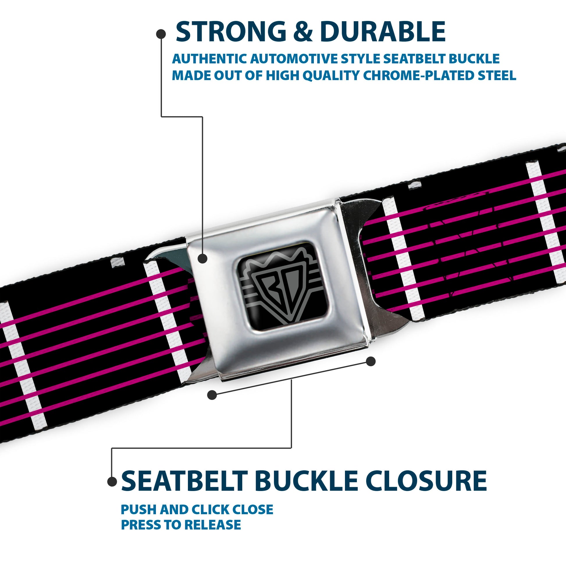 BD Wings Logo CLOSE-UP Full Color Black Silver Seatbelt Belt - Guitar Neck Black/White/Pink Webbing Seatbelt Belts Buckle-Down