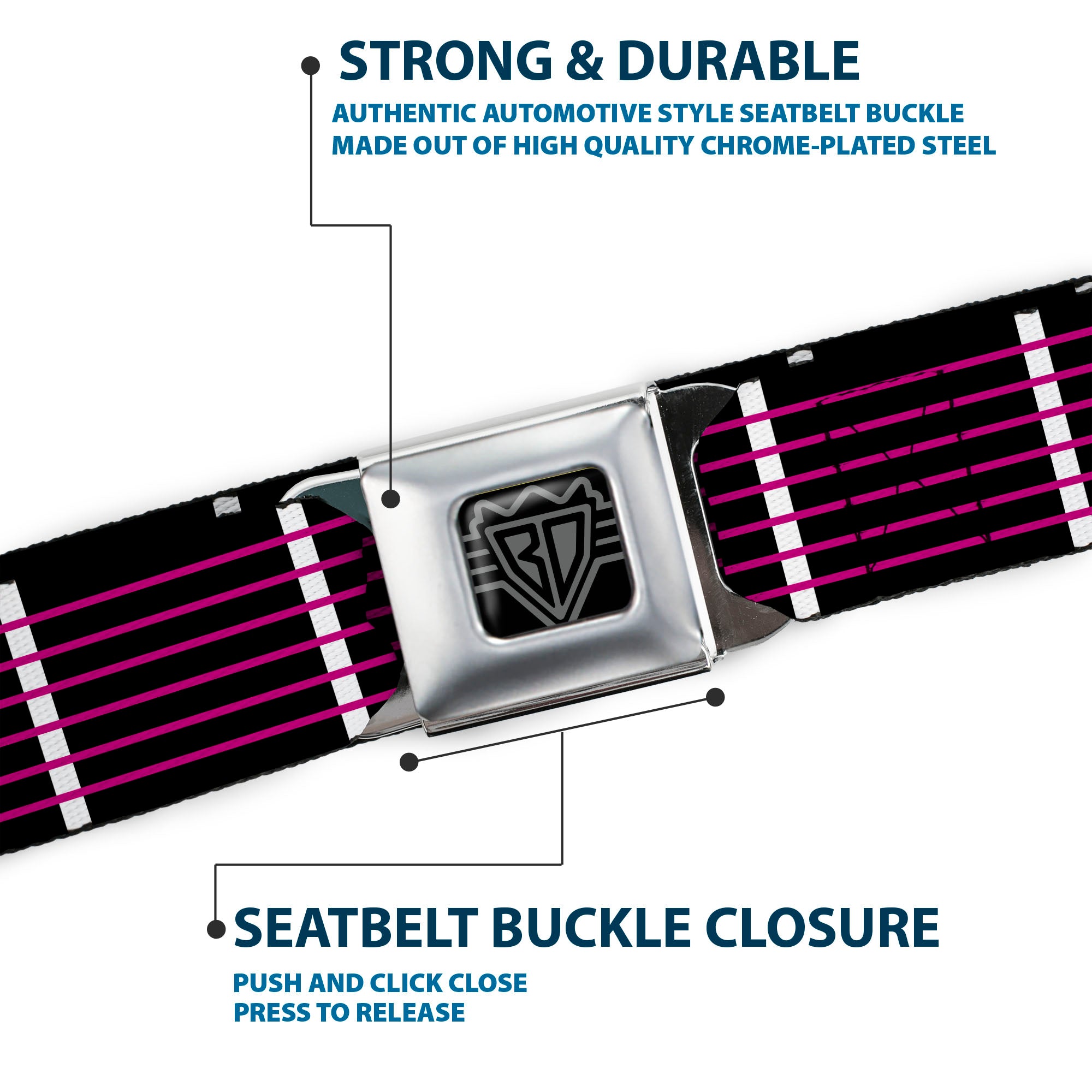 BD Wings Logo CLOSE-UP Full Color Black Silver Seatbelt Belt - Guitar Neck Black/White/Pink Webbing Seatbelt Belts Buckle-Down