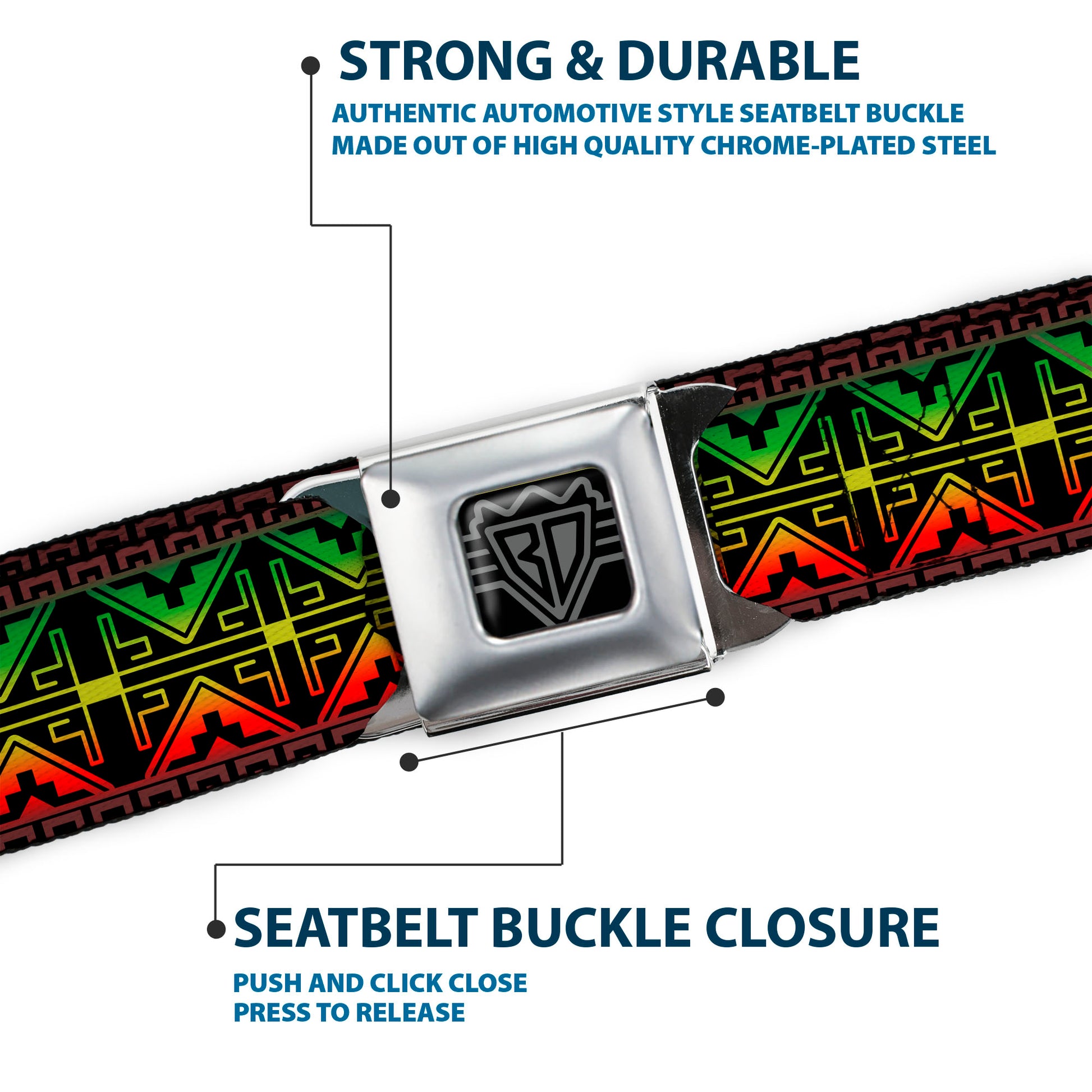 BD Wings Logo CLOSE-UP Full Color Black Silver Seatbelt Belt - Geomteric2 Black/Red/Yellow/Green Webbing Seatbelt Belts Buckle-Down