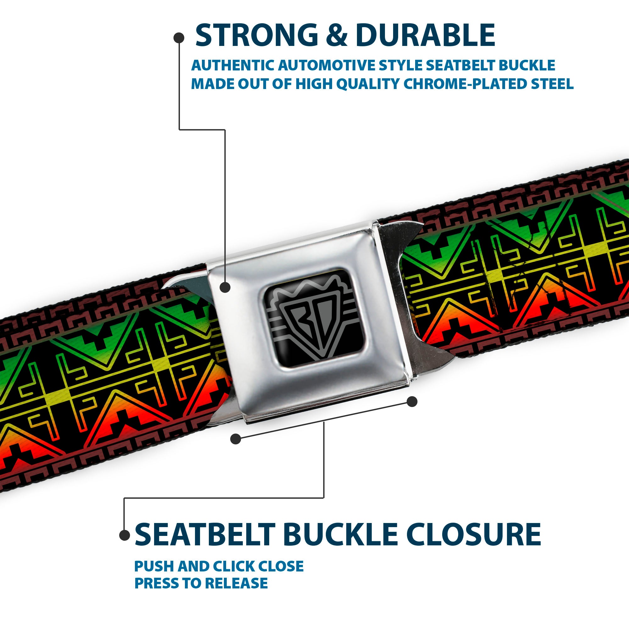 BD Wings Logo CLOSE-UP Full Color Black Silver Seatbelt Belt - Geomteric2 Black/Red/Yellow/Green Webbing Seatbelt Belts Buckle-Down