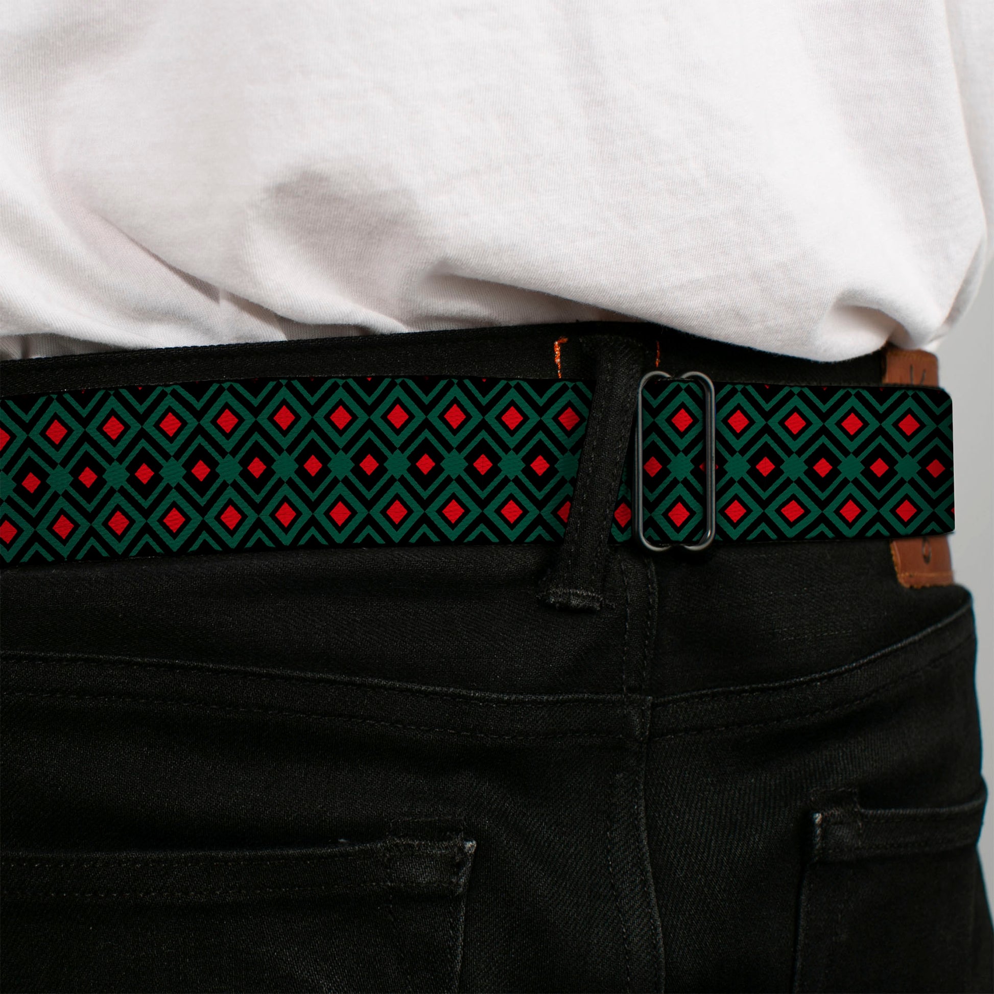 BD Wings Logo CLOSE-UP Full Color Black Silver Seatbelt Belt - Geometric3 Black/Forest Green/Red Webbing Seatbelt Belts Buckle-Down