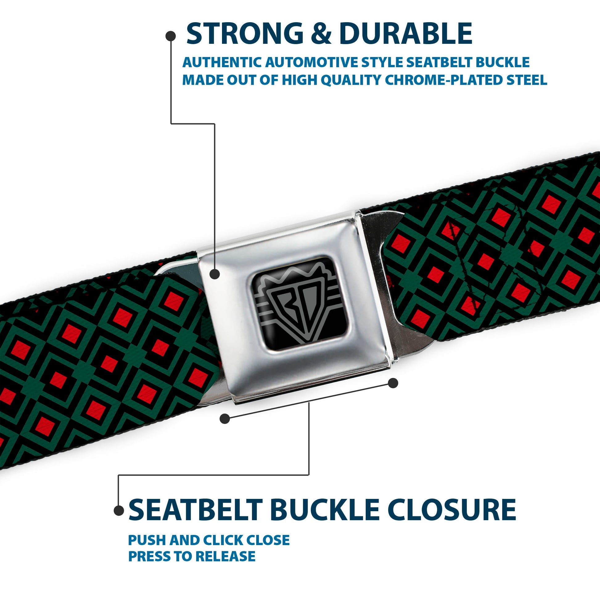 BD Wings Logo CLOSE-UP Full Color Black Silver Seatbelt Belt - Geometric3 Black/Forest Green/Red Webbing Seatbelt Belts Buckle-Down
