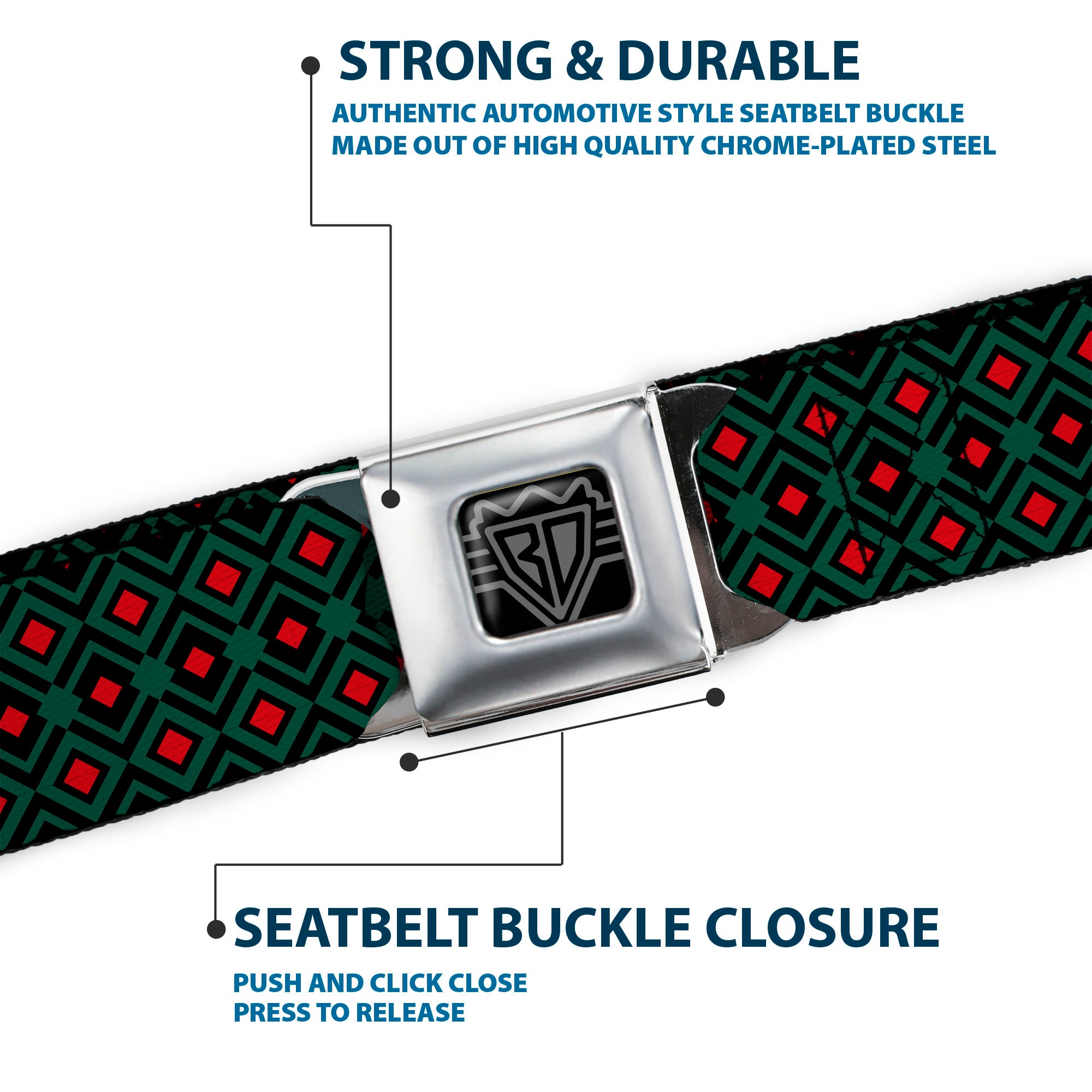 BD Wings Logo CLOSE-UP Full Color Black Silver Seatbelt Belt - Geometric3 Black/Forest Green/Red Webbing Seatbelt Belts Buckle-Down