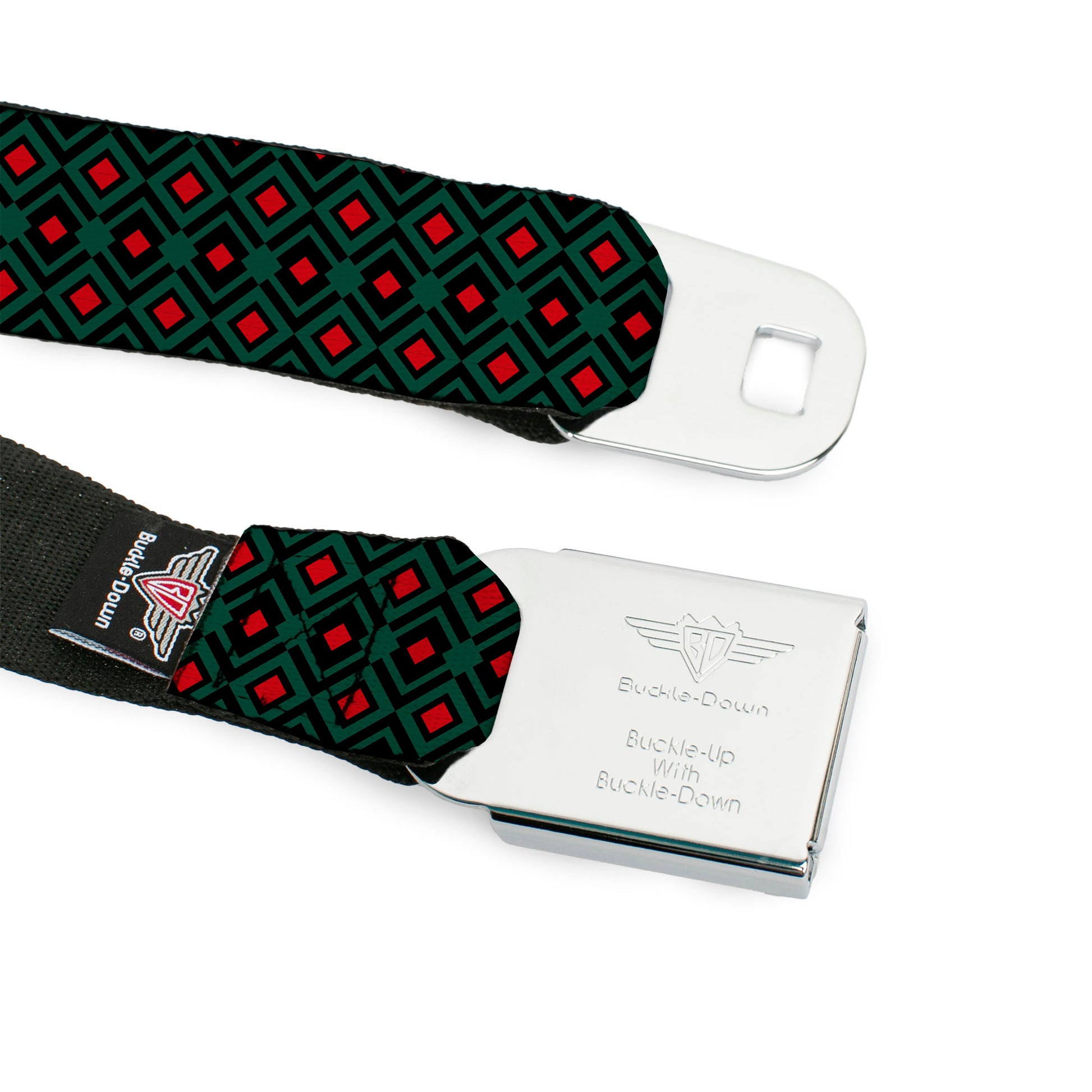 BD Wings Logo CLOSE-UP Full Color Black Silver Seatbelt Belt - Geometric3 Black/Forest Green/Red Webbing Seatbelt Belts Buckle-Down