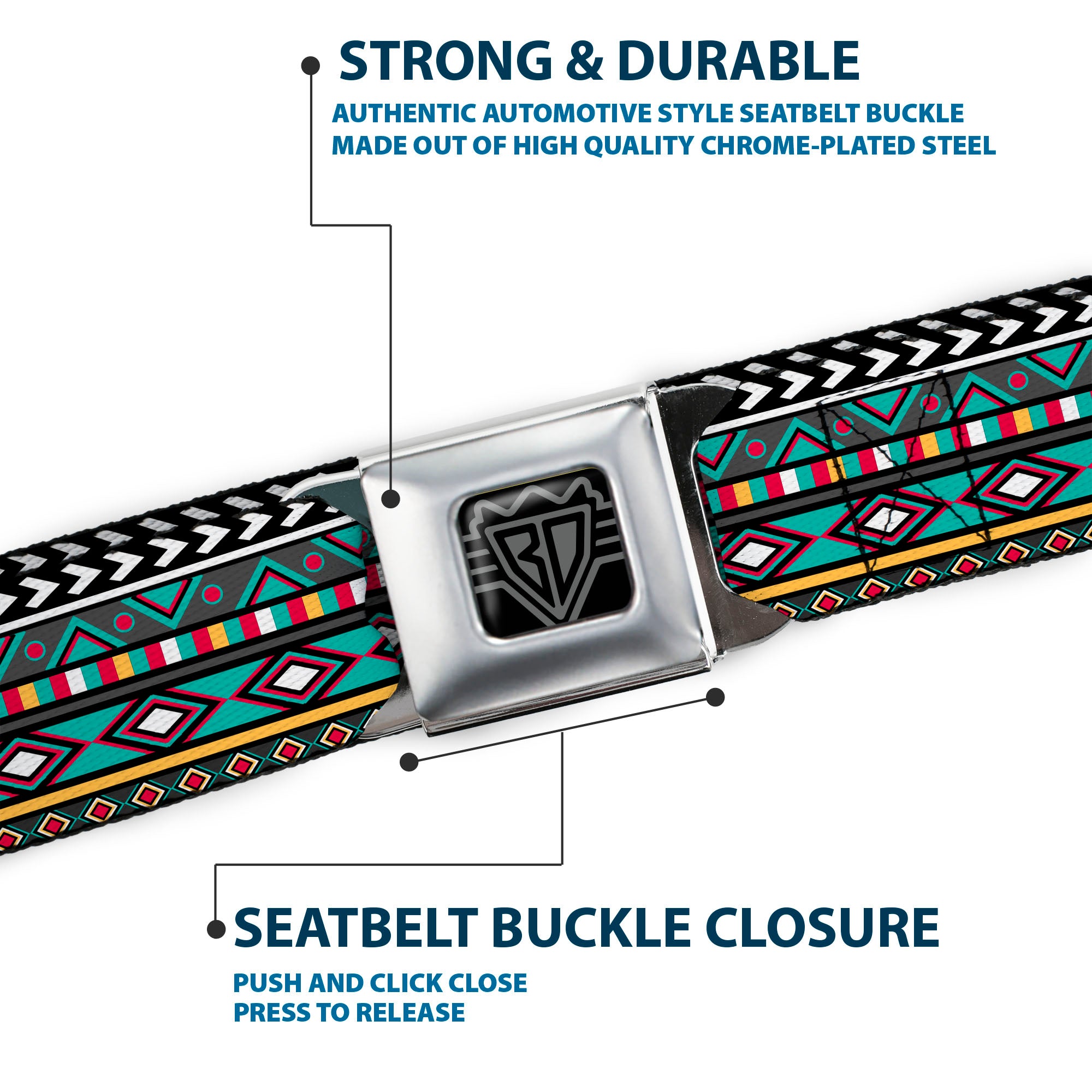 BD Wings Logo CLOSE-UP Full Color Black Silver Seatbelt Belt - Geometric5 Gray/Teal/White/Pink/Yellow Webbing Seatbelt Belts Buckle-Down