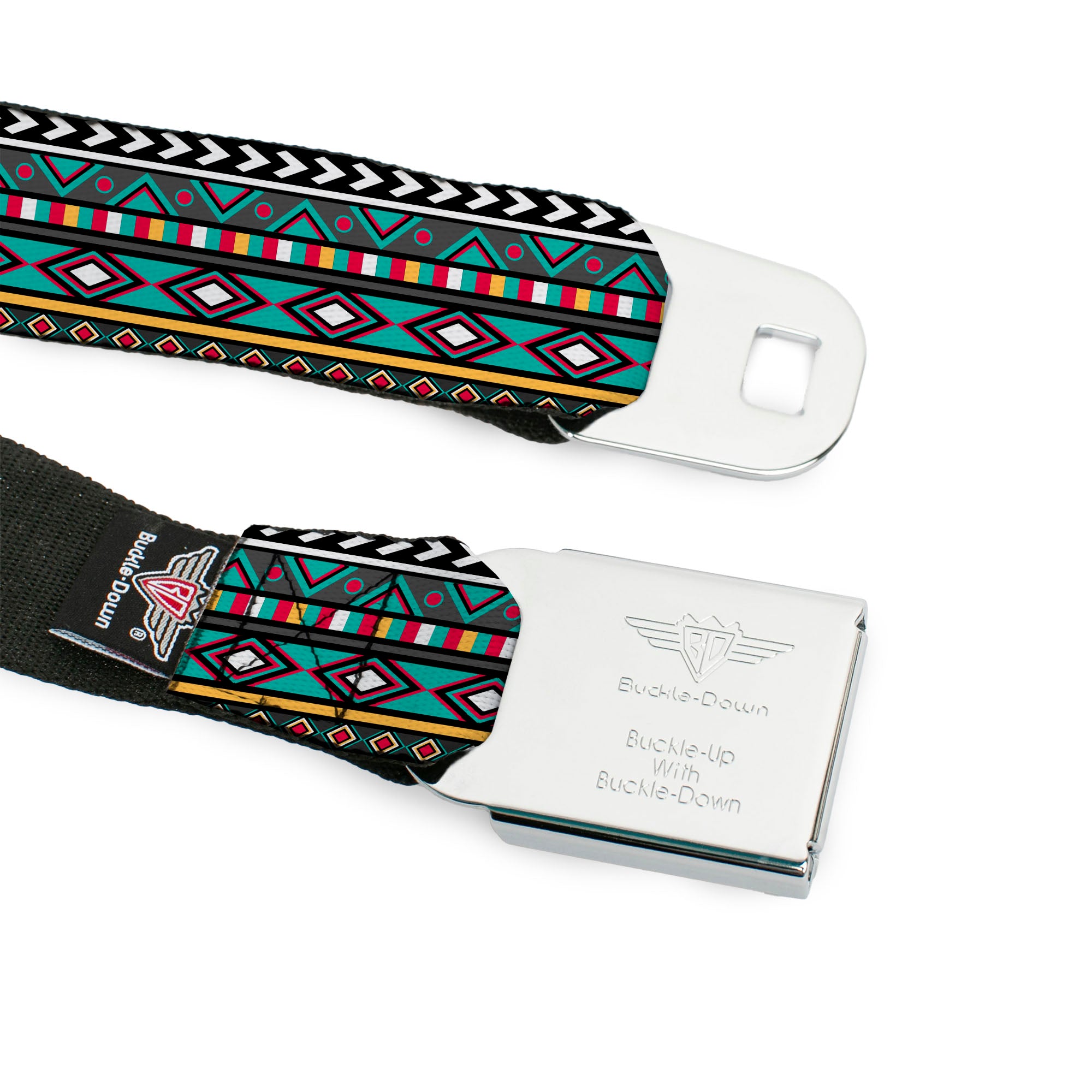 BD Wings Logo CLOSE-UP Full Color Black Silver Seatbelt Belt - Geometric5 Gray/Teal/White/Pink/Yellow Webbing Seatbelt Belts Buckle-Down