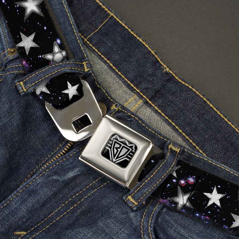 BD Wings Logo CLOSE-UP Full Color Black Silver Seatbelt Belt - Glowing Stars in Space Black/Purple/White Webbing Seatbelt Belts Buckle-Down