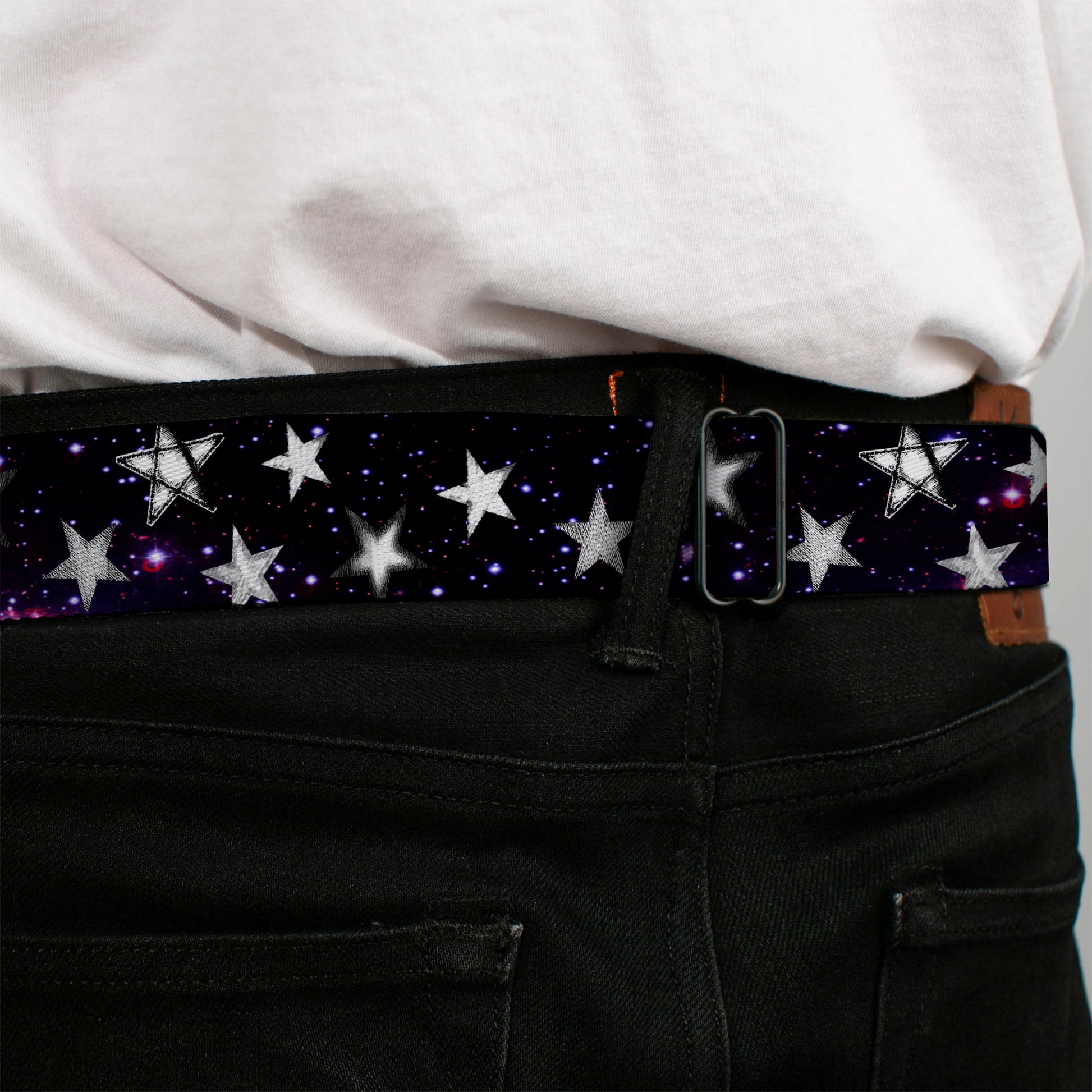 BD Wings Logo CLOSE-UP Full Color Black Silver Seatbelt Belt - Glowing Stars in Space Black/Purple/White Webbing Seatbelt Belts Buckle-Down