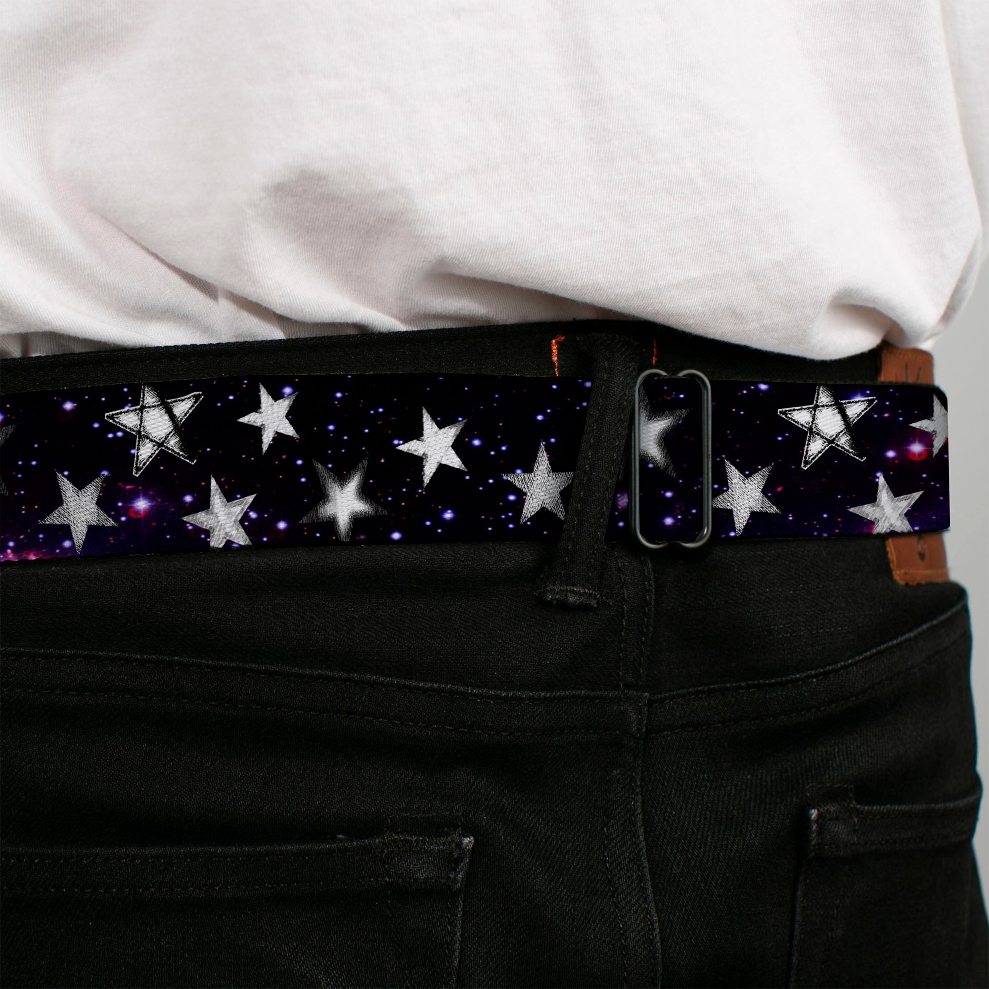 BD Wings Logo CLOSE-UP Full Color Black Silver Seatbelt Belt - Glowing Stars in Space Black/Purple/White Webbing Seatbelt Belts Buckle-Down